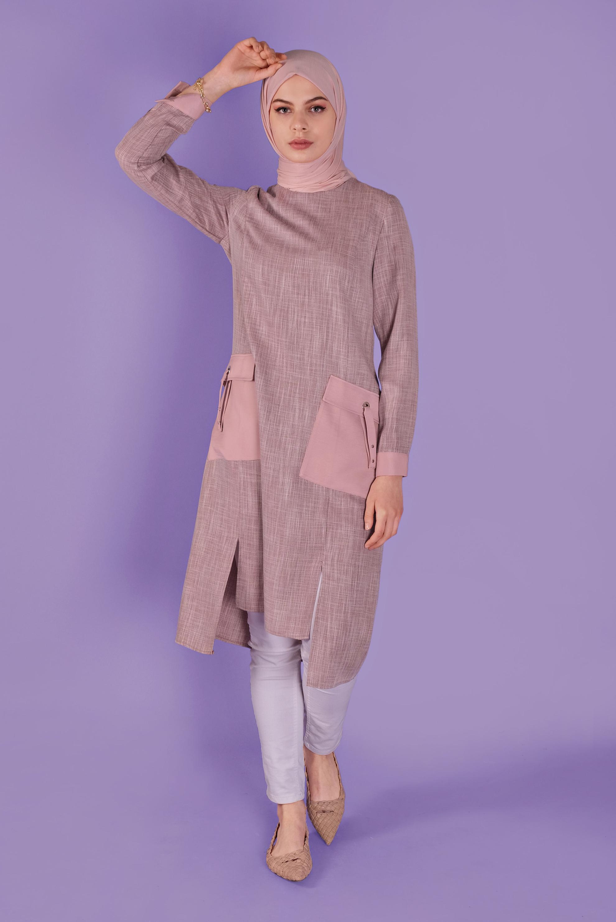 Tesettür giyim PEMBE CEP DETAYLI TUNİK 41387