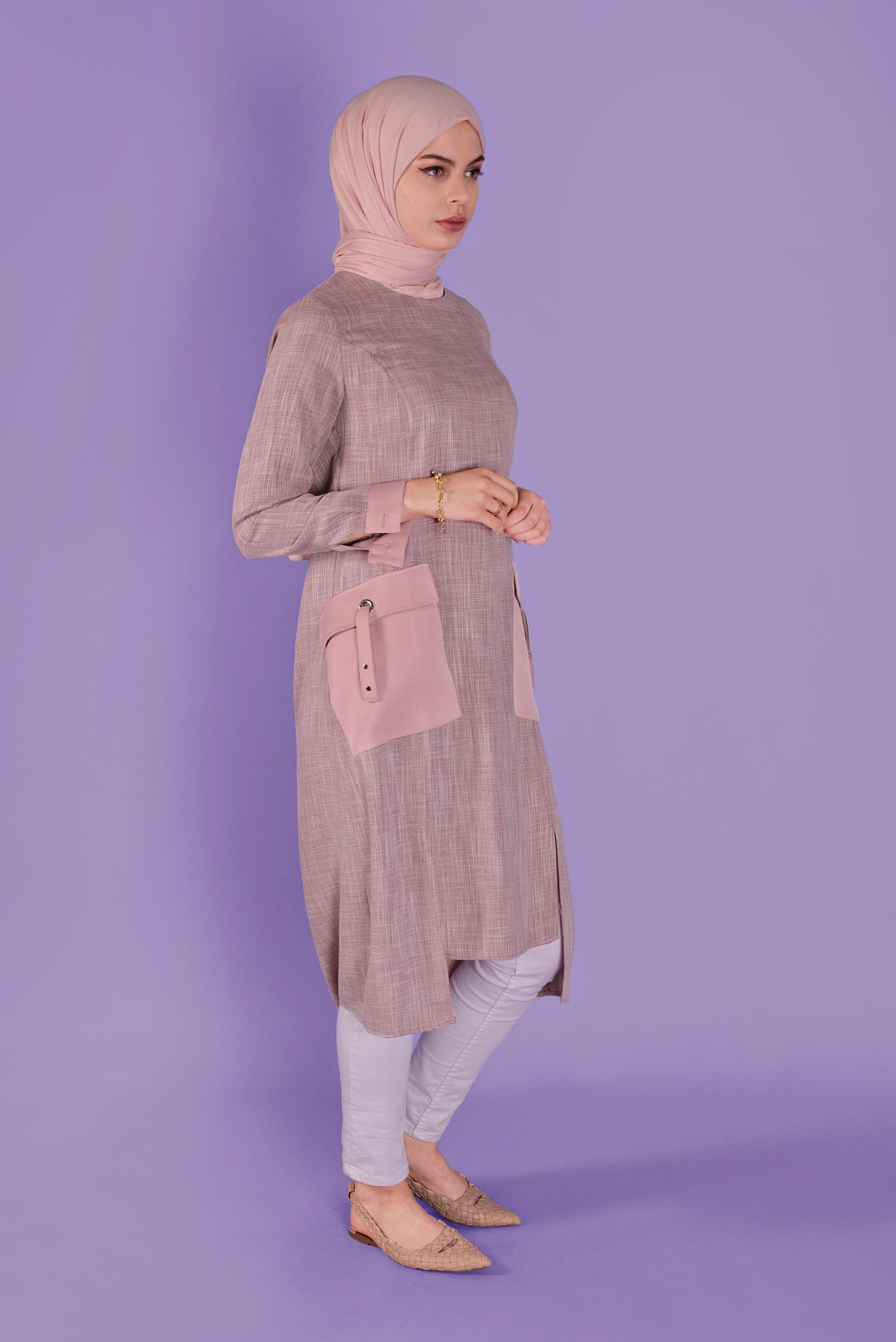 Tesettür giyim PEMBE CEP DETAYLI TUNİK 41387