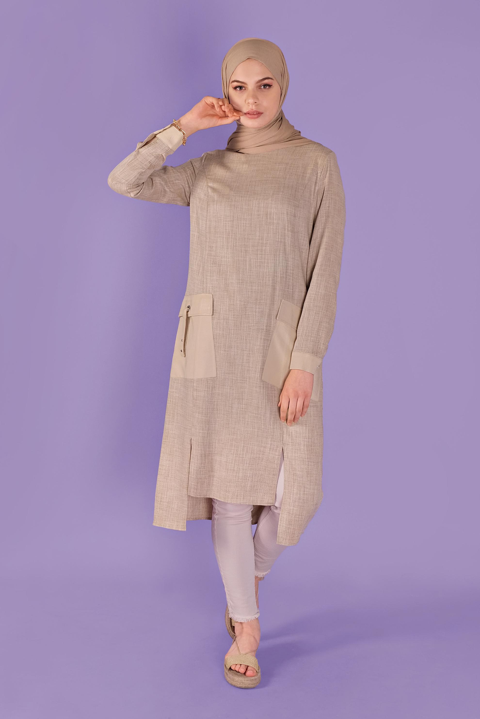 Tesettür giyim KAHVE CEP DETAYLI TUNİK 41387