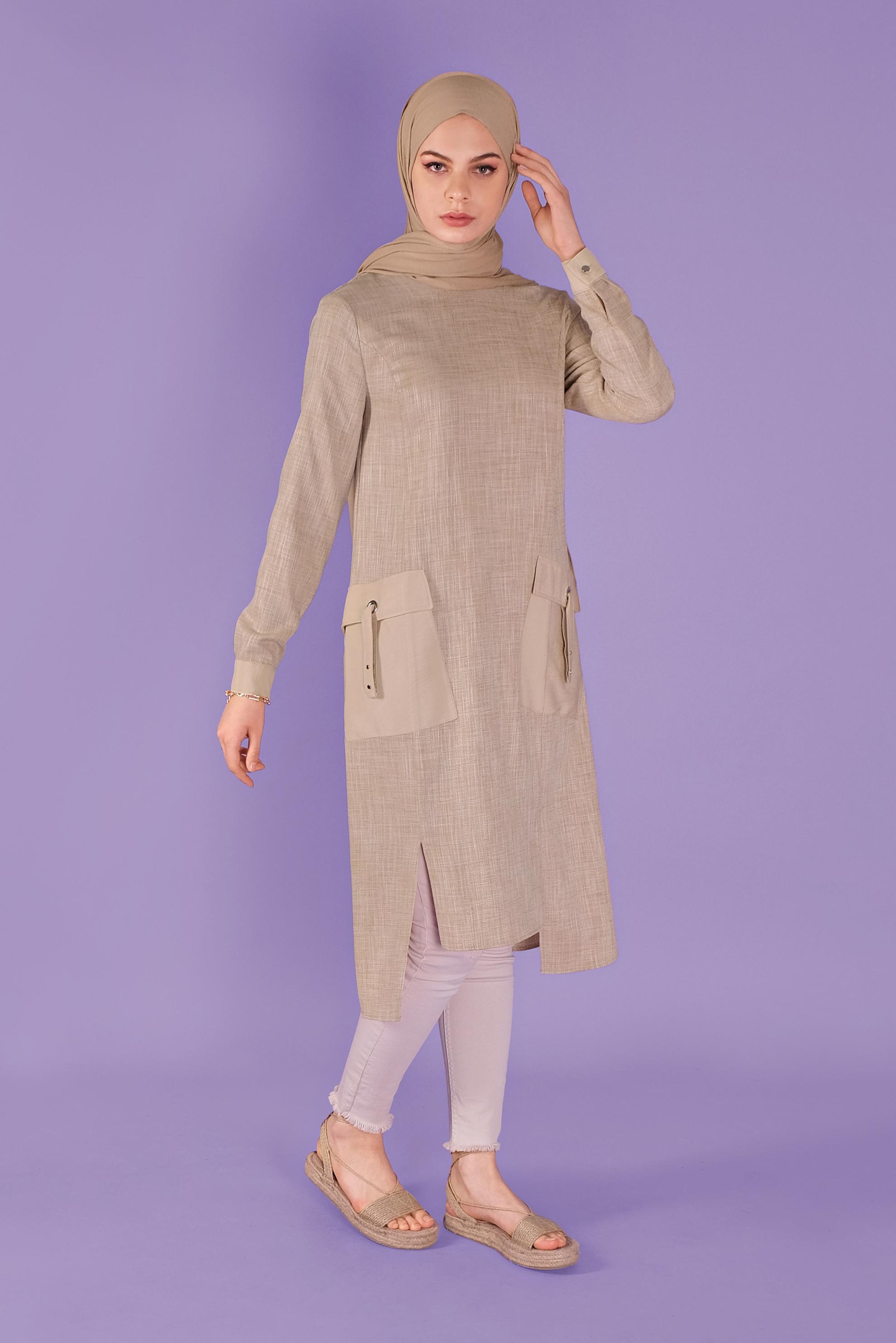 Tesettür giyim KAHVE CEP DETAYLI TUNİK 41387