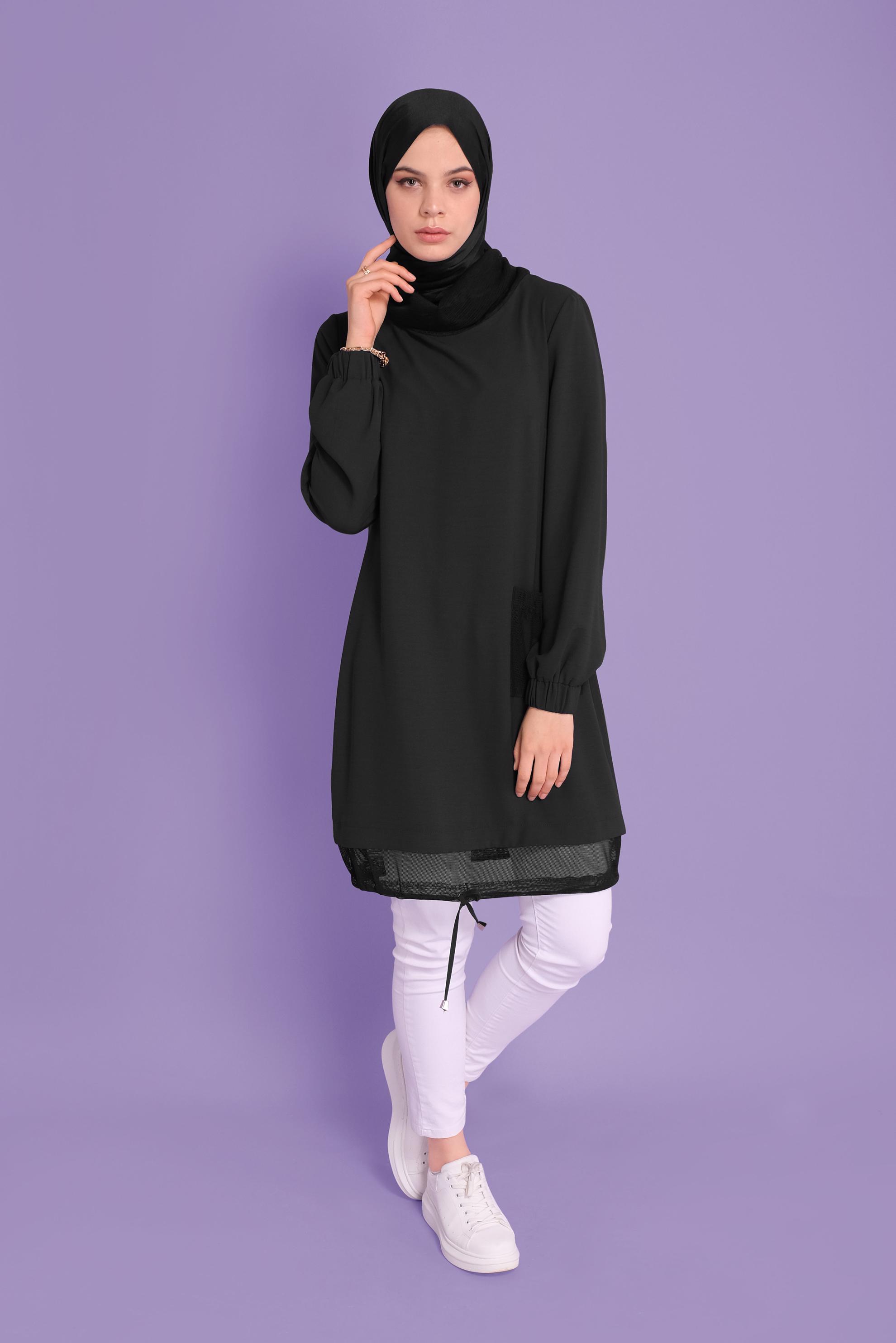 Tesettür giyim SİYAH FİLE DETAYLI AEROBİN TUNİK 41388 