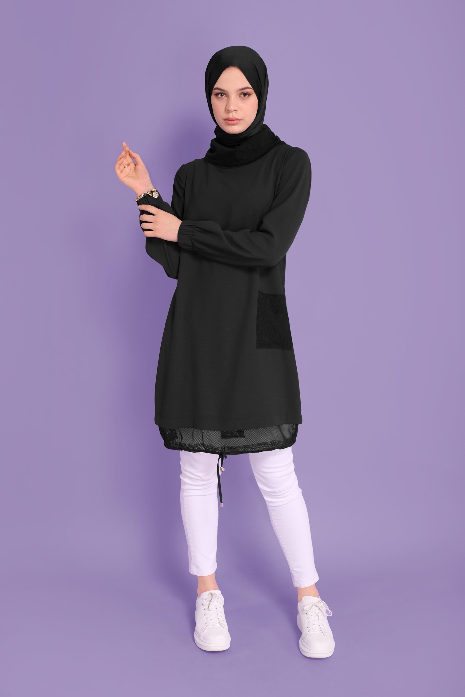 Tesettür giyim SİYAH FİLE DETAYLI AEROBİN TUNİK 41388 