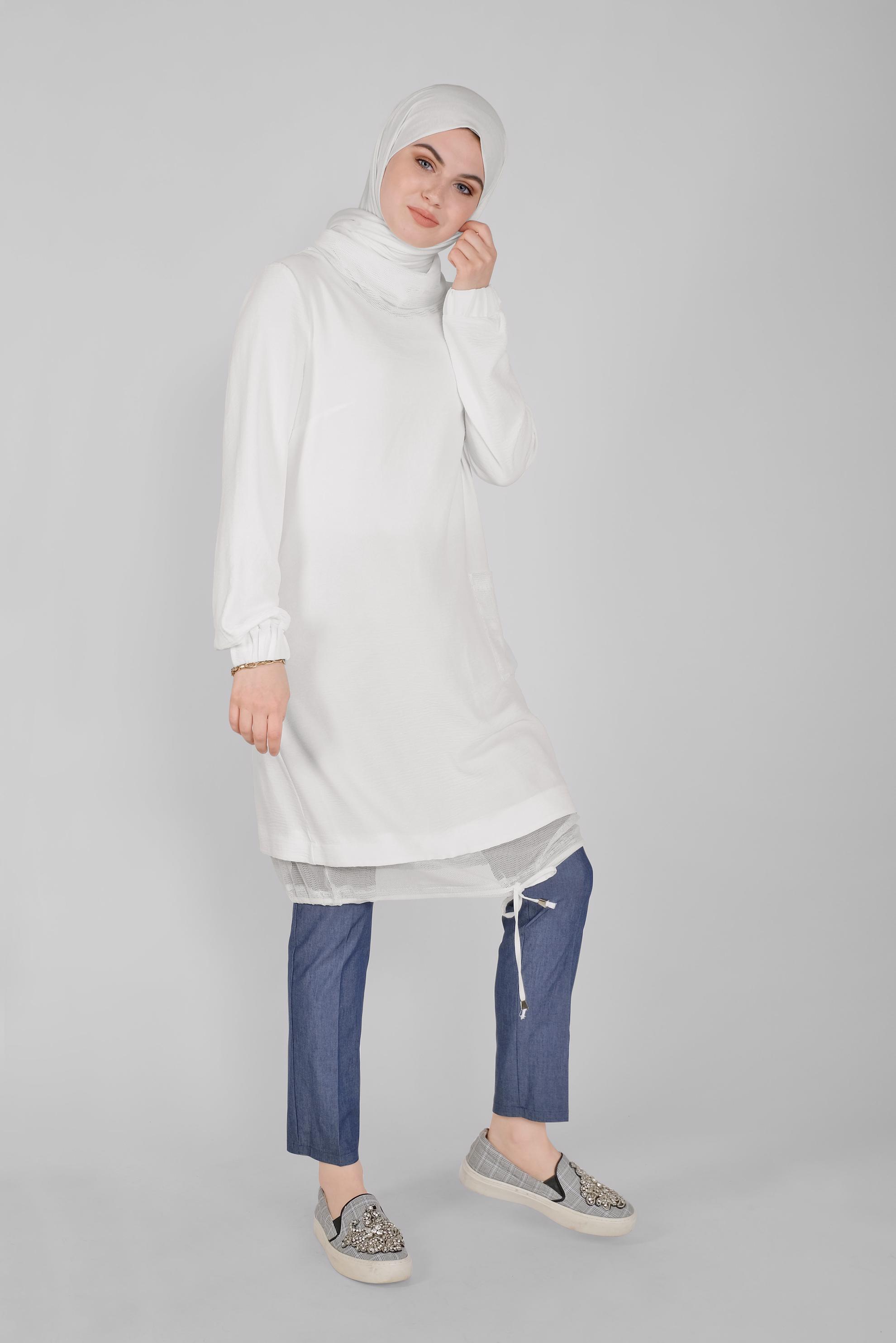 Tesettür giyim BEYAZ FİLE DETAYLI AEROBİN TUNİK 41388 