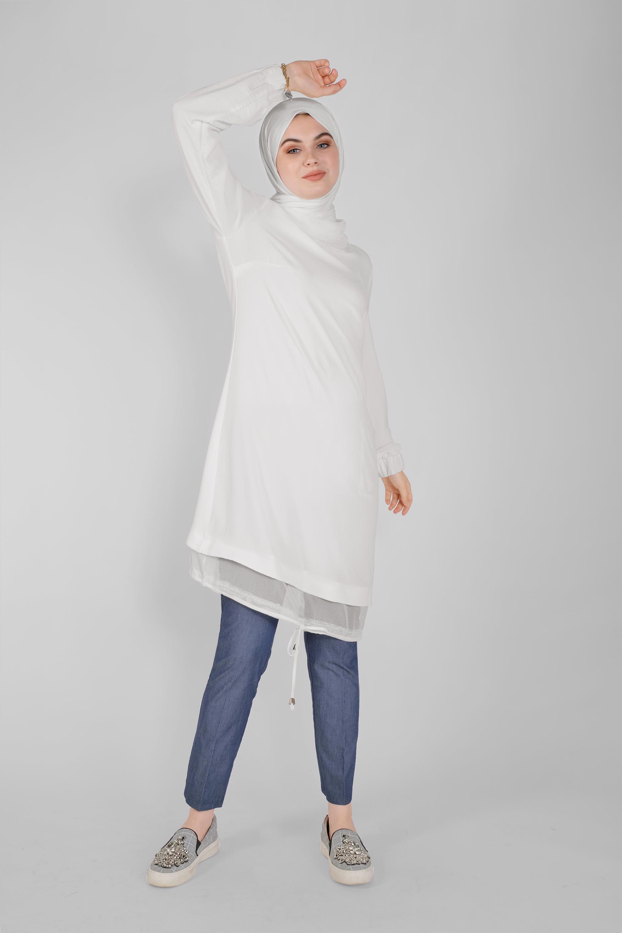 Tesettür giyim BEYAZ FİLE DETAYLI AEROBİN TUNİK 41388 