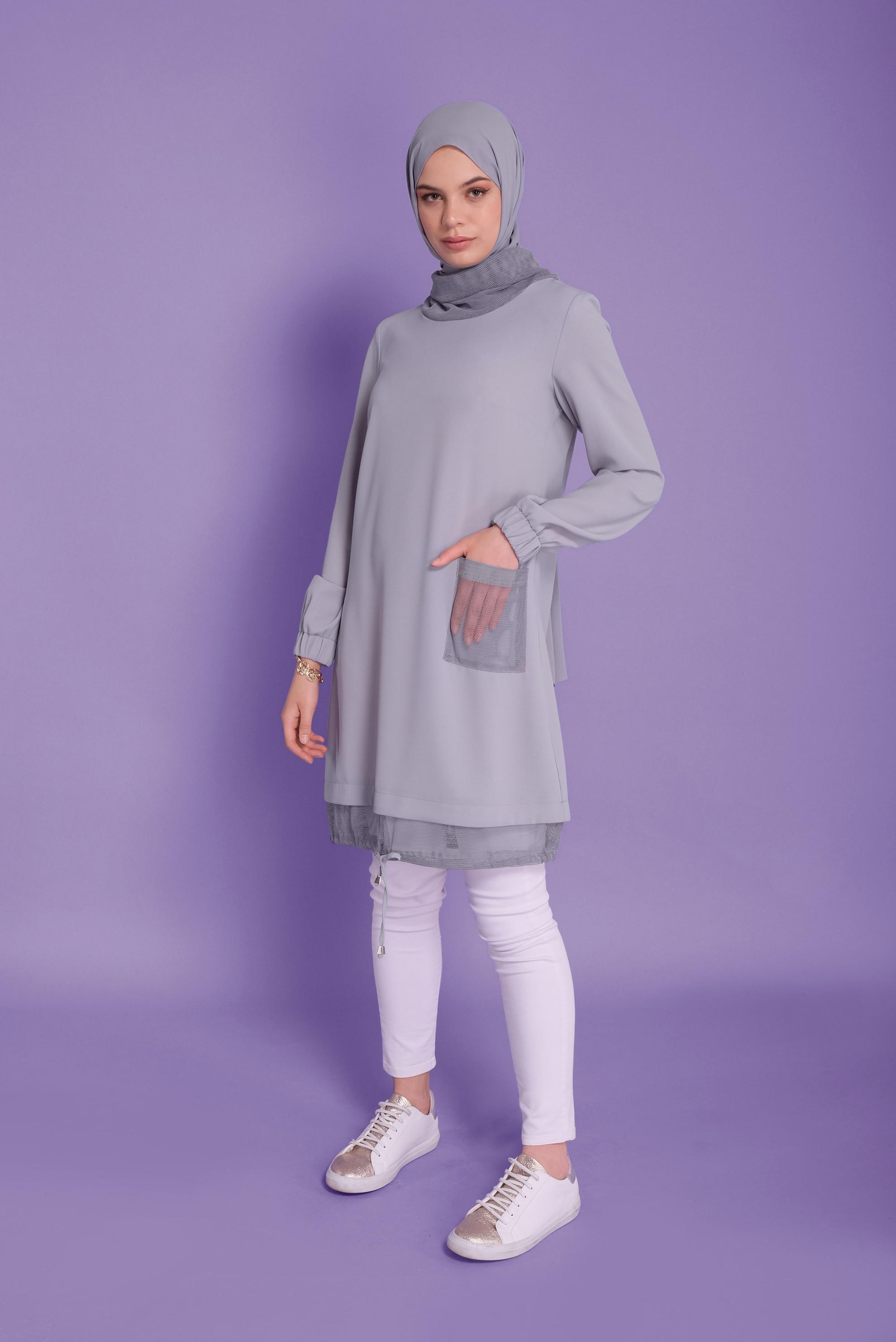 Tesettür giyim GRİ FİLE DETAYLI AEROBİN TUNİK 41388 