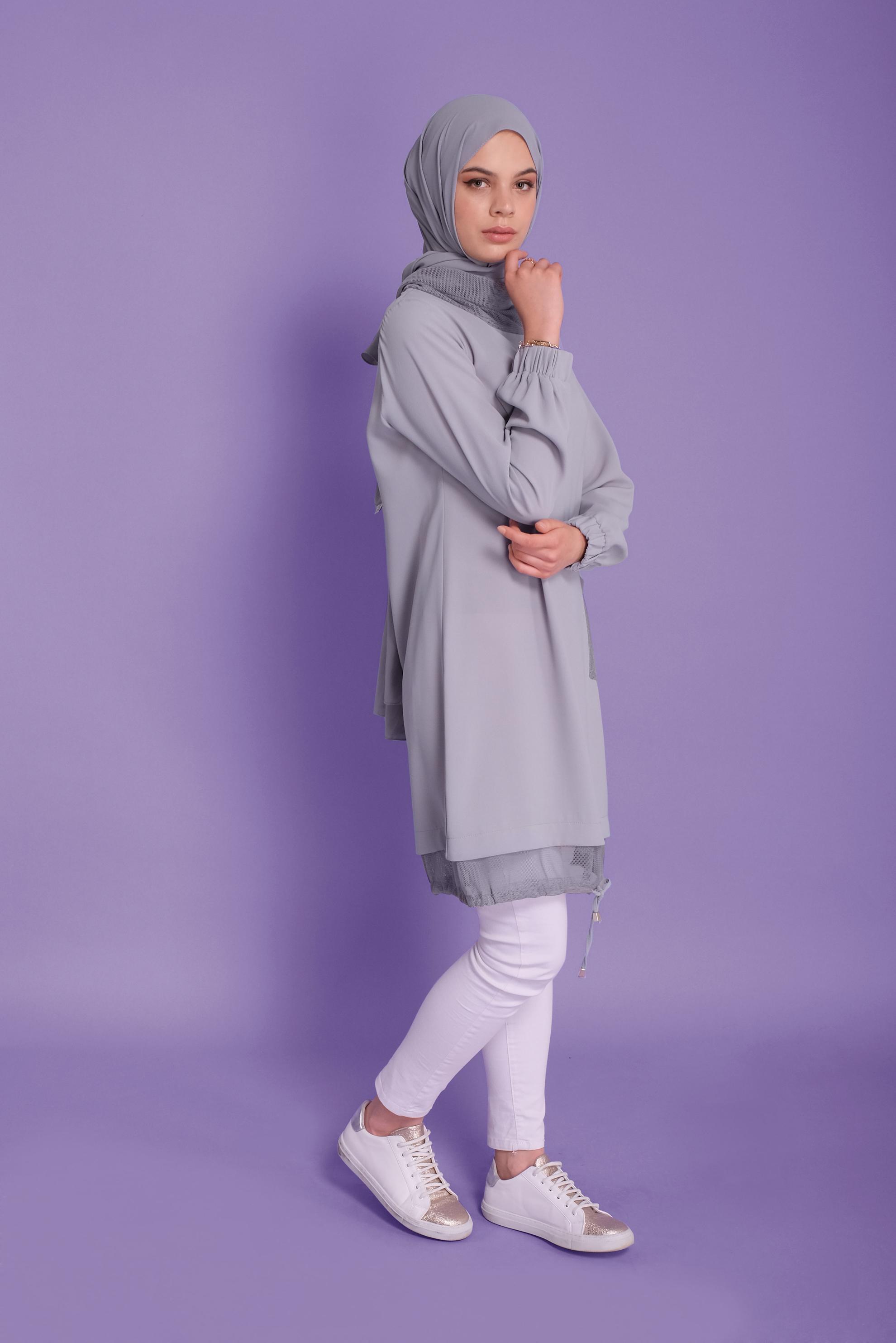 Tesettür giyim GRİ FİLE DETAYLI AEROBİN TUNİK 41388 