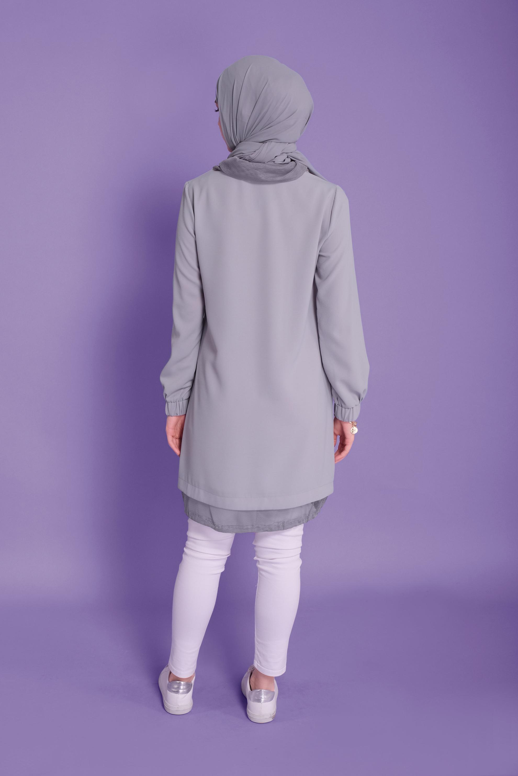 Tesettür giyim GRİ FİLE DETAYLI AEROBİN TUNİK 41388 