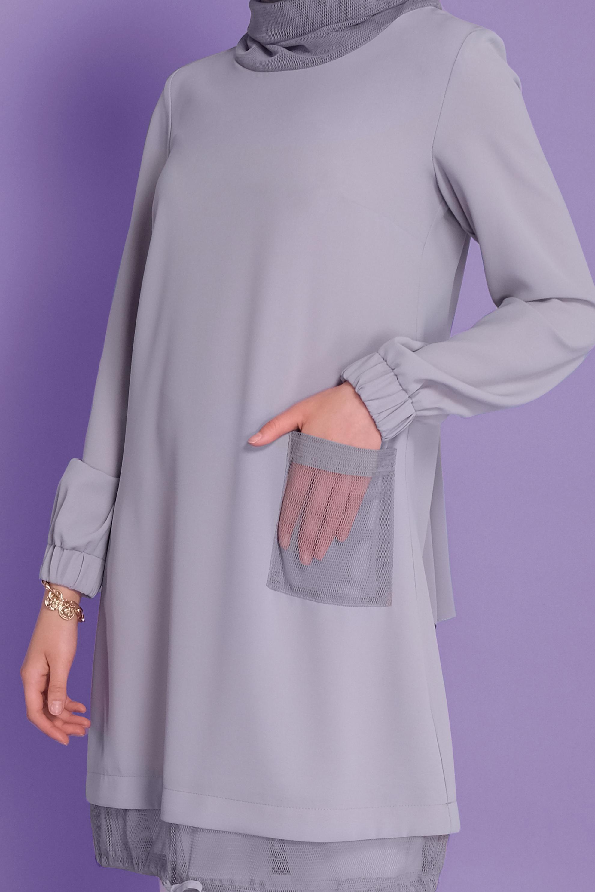 Tesettür giyim GRİ FİLE DETAYLI AEROBİN TUNİK 41388 