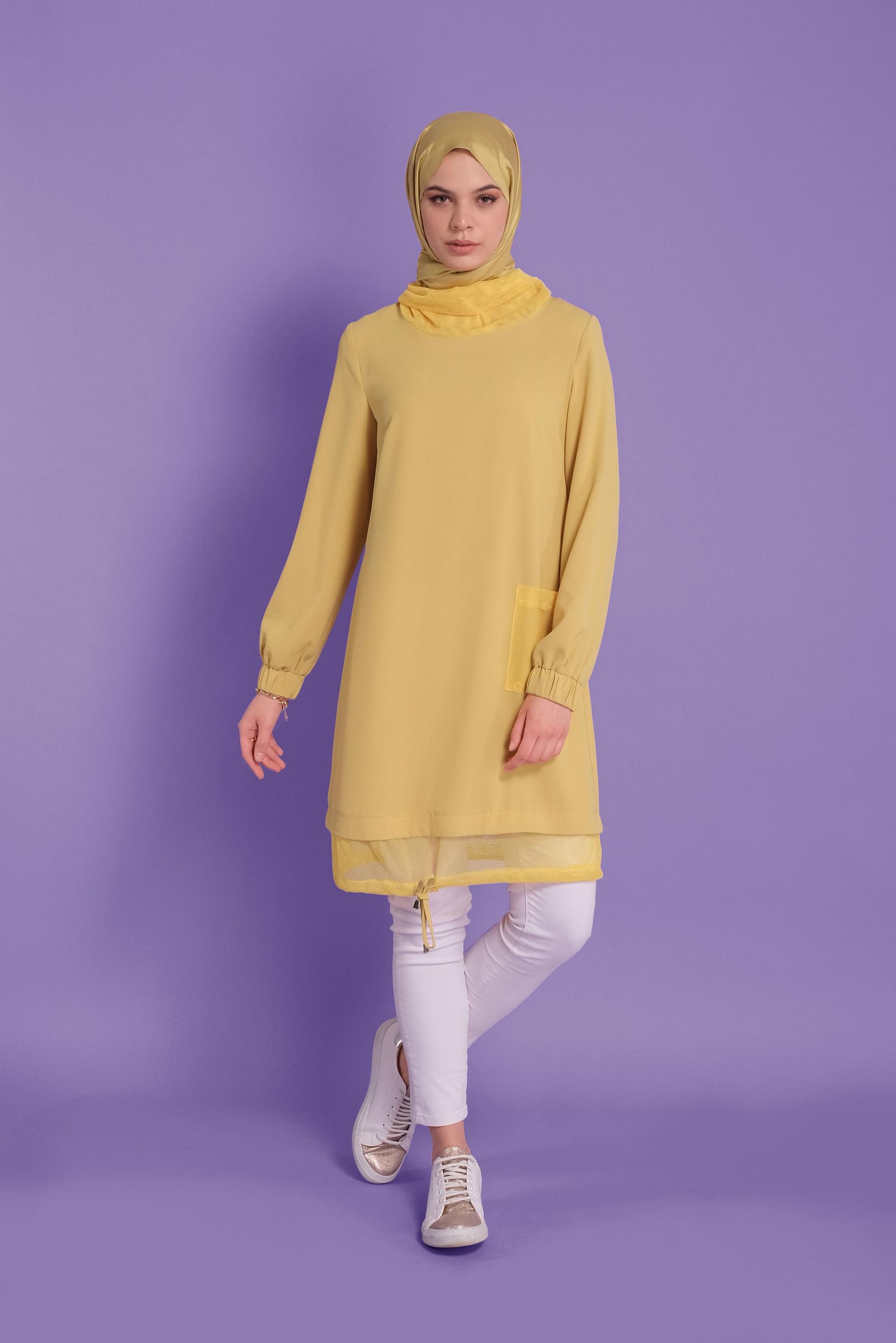 Tesettür giyim SARI FİLE DETAYLI AEROBİN TUNİK 41388 