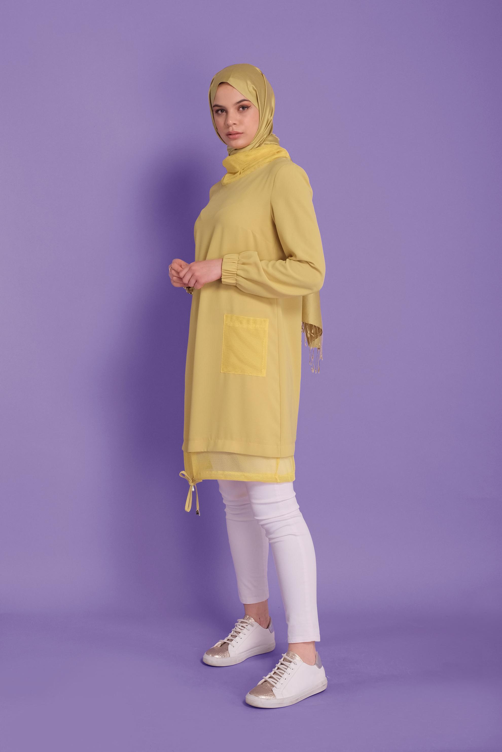 Tesettür giyim SARI FİLE DETAYLI AEROBİN TUNİK 41388 