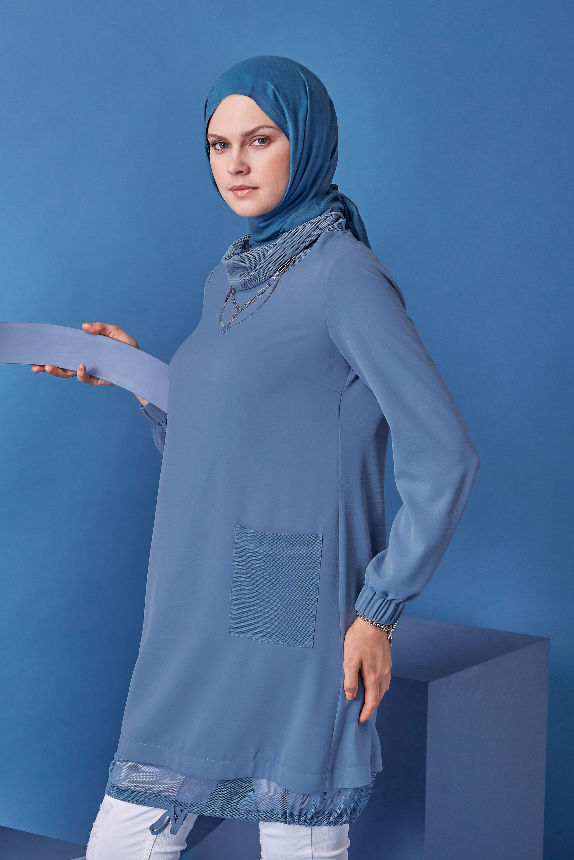 Tesettür giyim MAVİ FİLE DETAYLI AEROBİN TUNİK 41388 