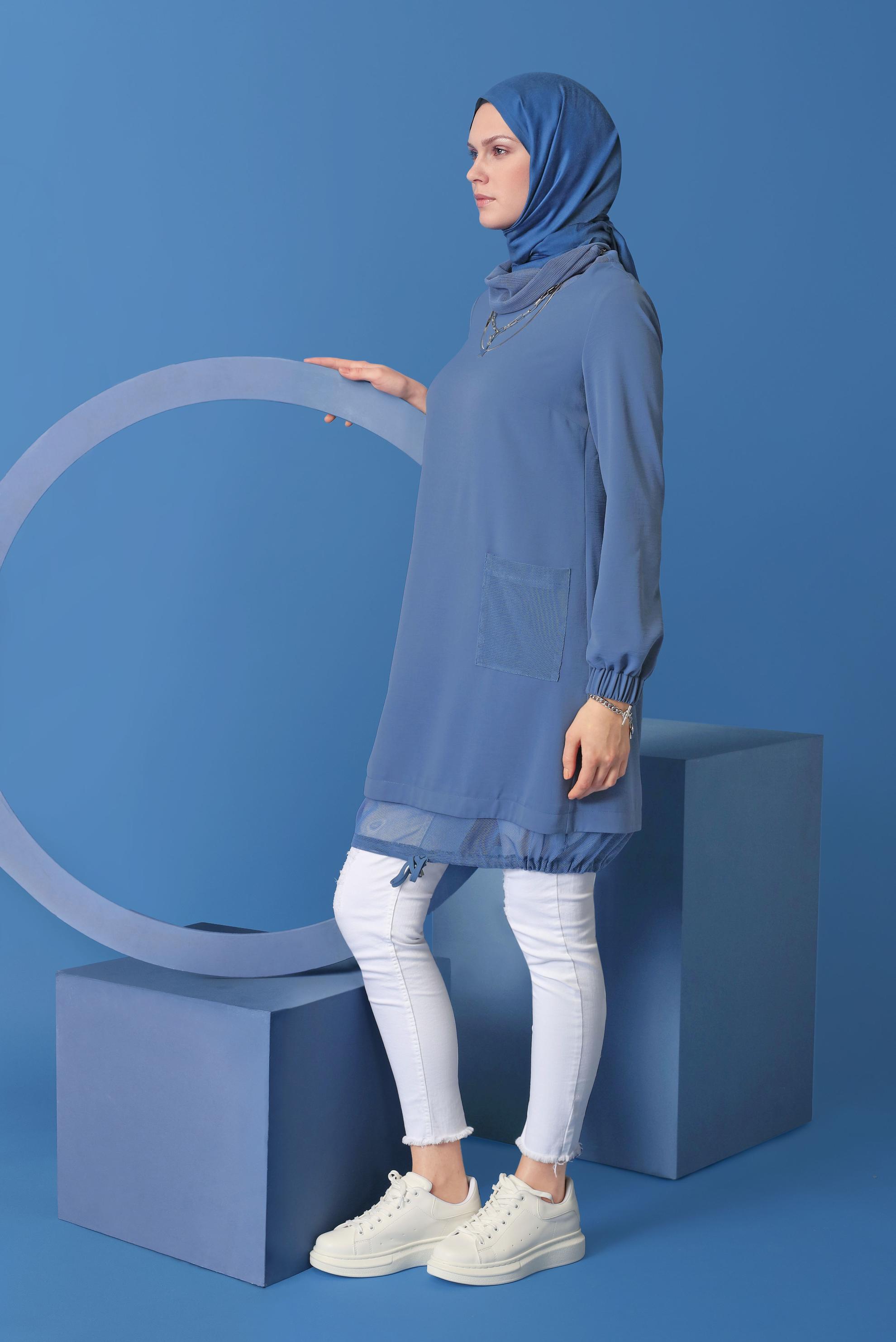 Tesettür giyim MAVİ FİLE DETAYLI AEROBİN TUNİK 41388 