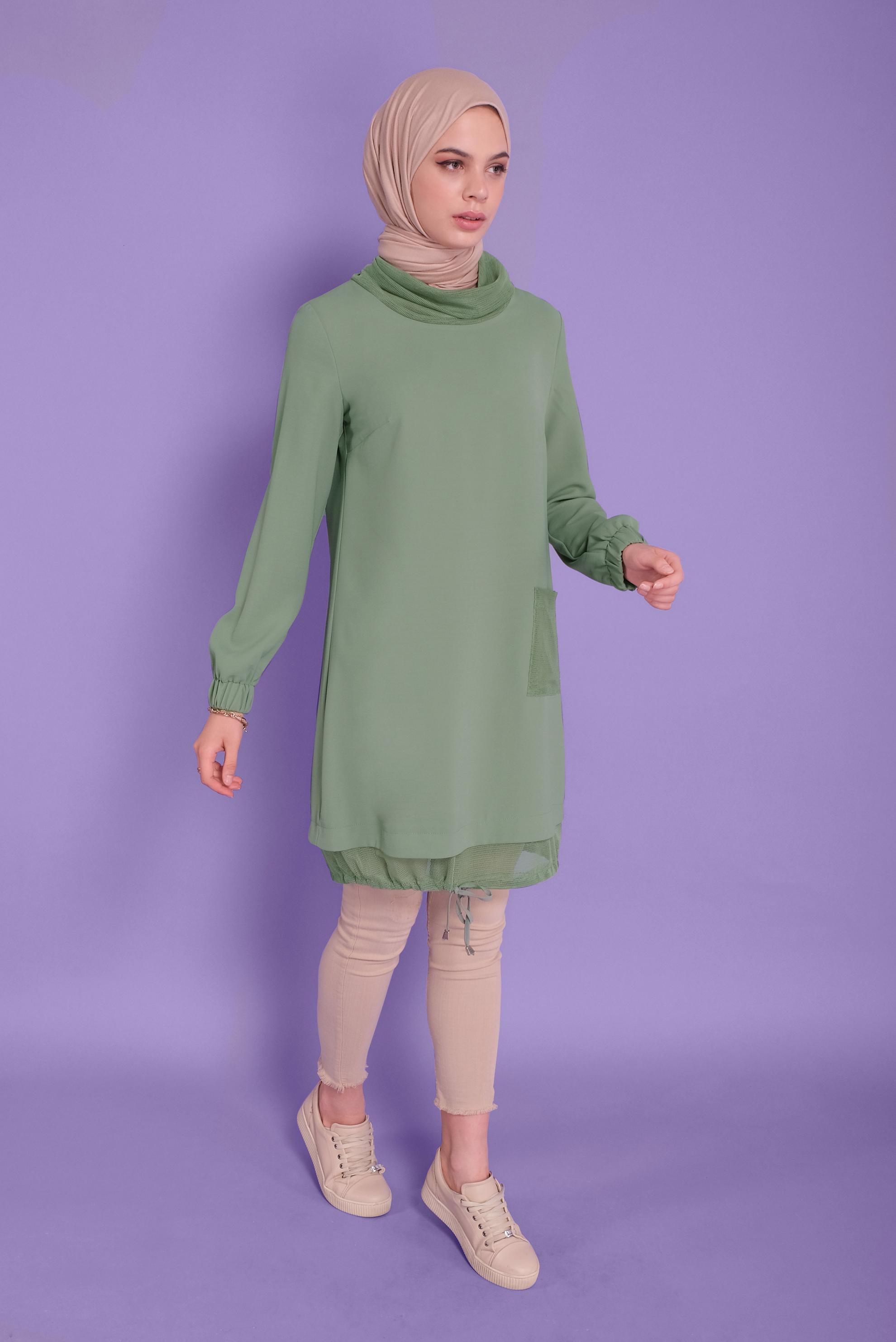 Tesettür giyim YEŞİL FİLE DETAYLI AEROBİN TUNİK 41388 
