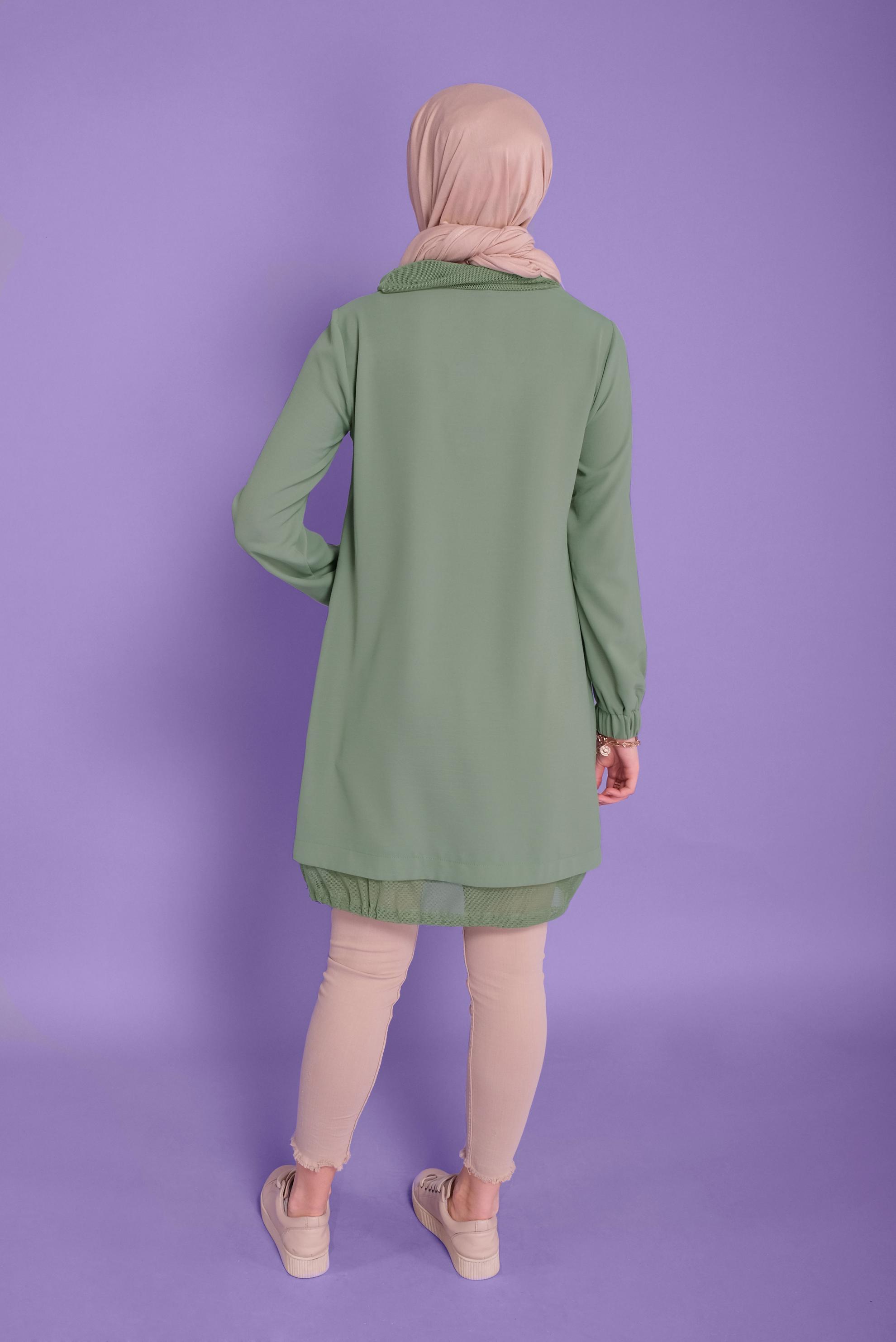 Tesettür giyim YEŞİL FİLE DETAYLI AEROBİN TUNİK 41388 