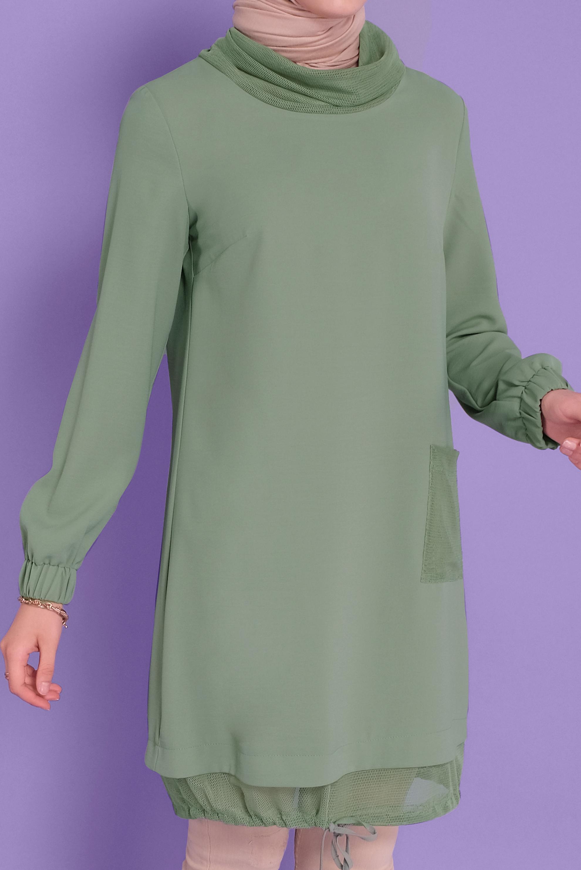 Tesettür giyim YEŞİL FİLE DETAYLI AEROBİN TUNİK 41388 
