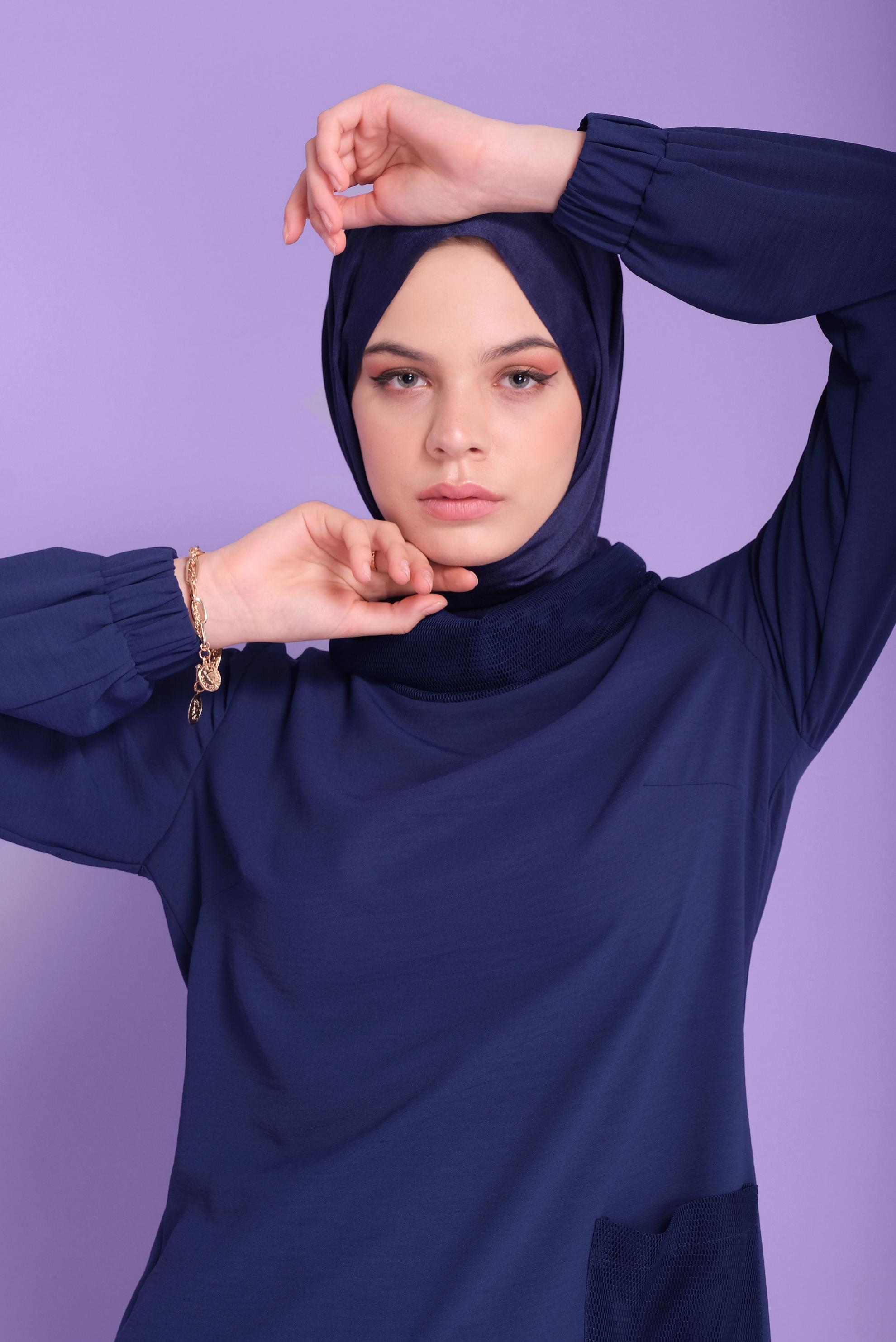 Tesettür giyim LACİVERT FİLE DETAYLI AEROBİN TUNİK 41388 