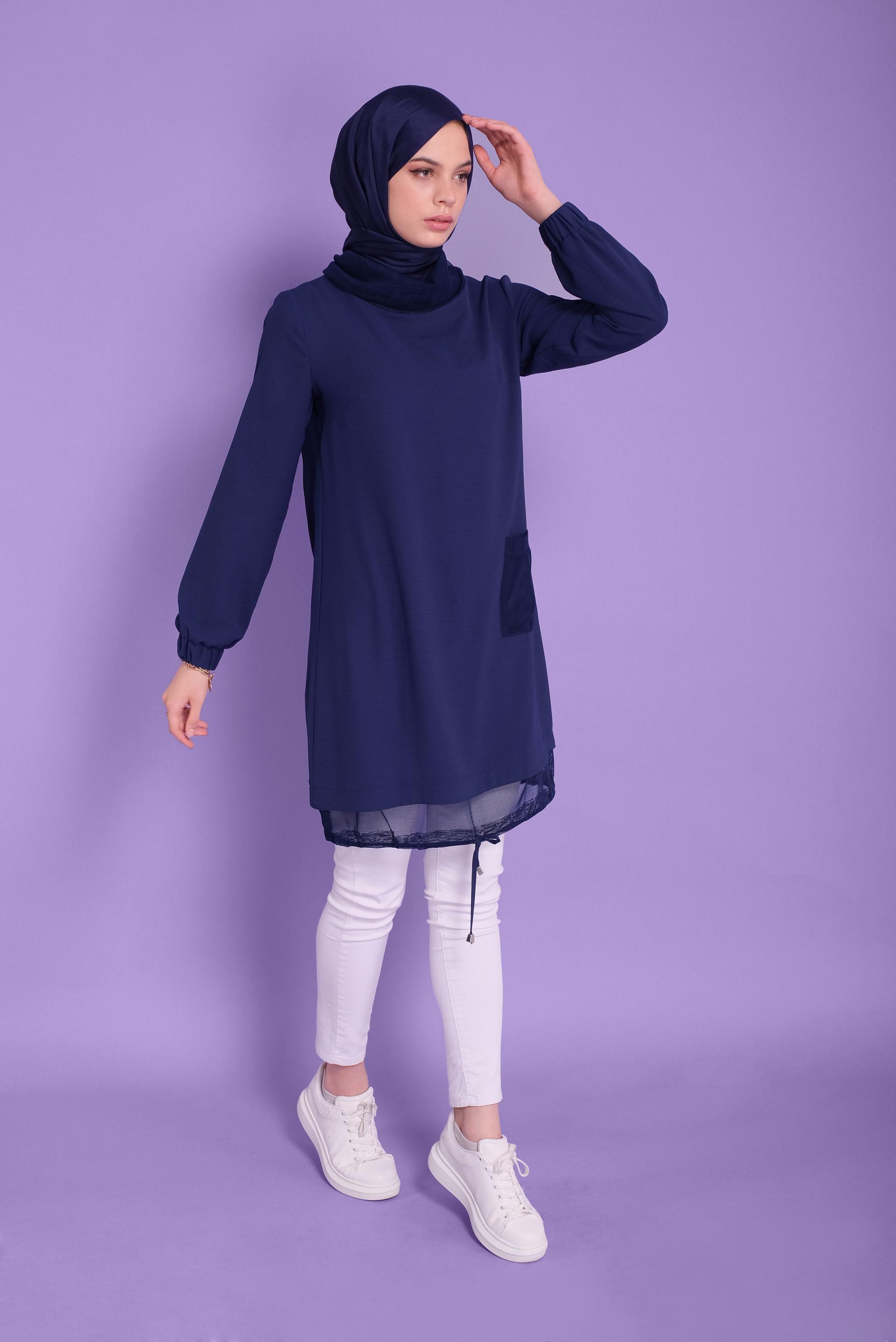 Tesettür giyim LACİVERT FİLE DETAYLI AEROBİN TUNİK 41388 