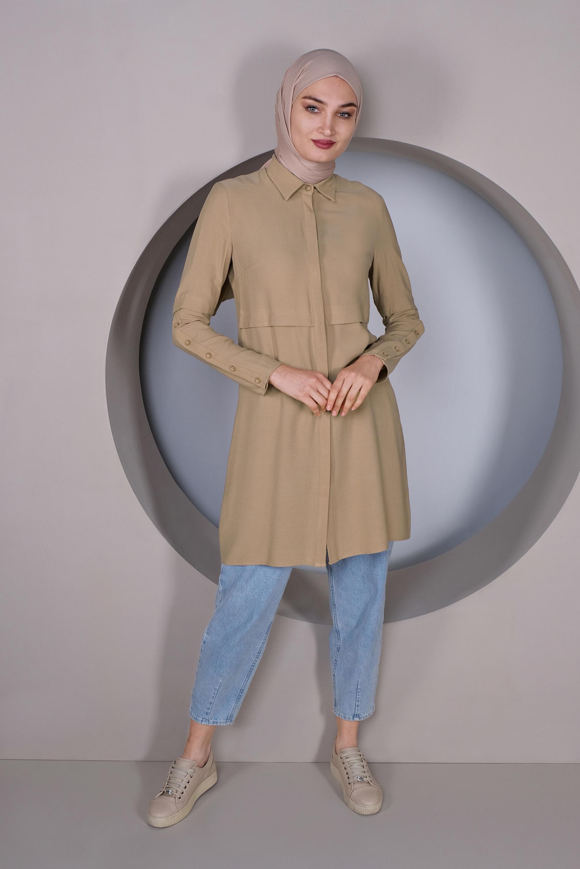 Tesettür giyim KAHVE KOLLARI DÜĞMELİ DETAYLI TUNİK 41389