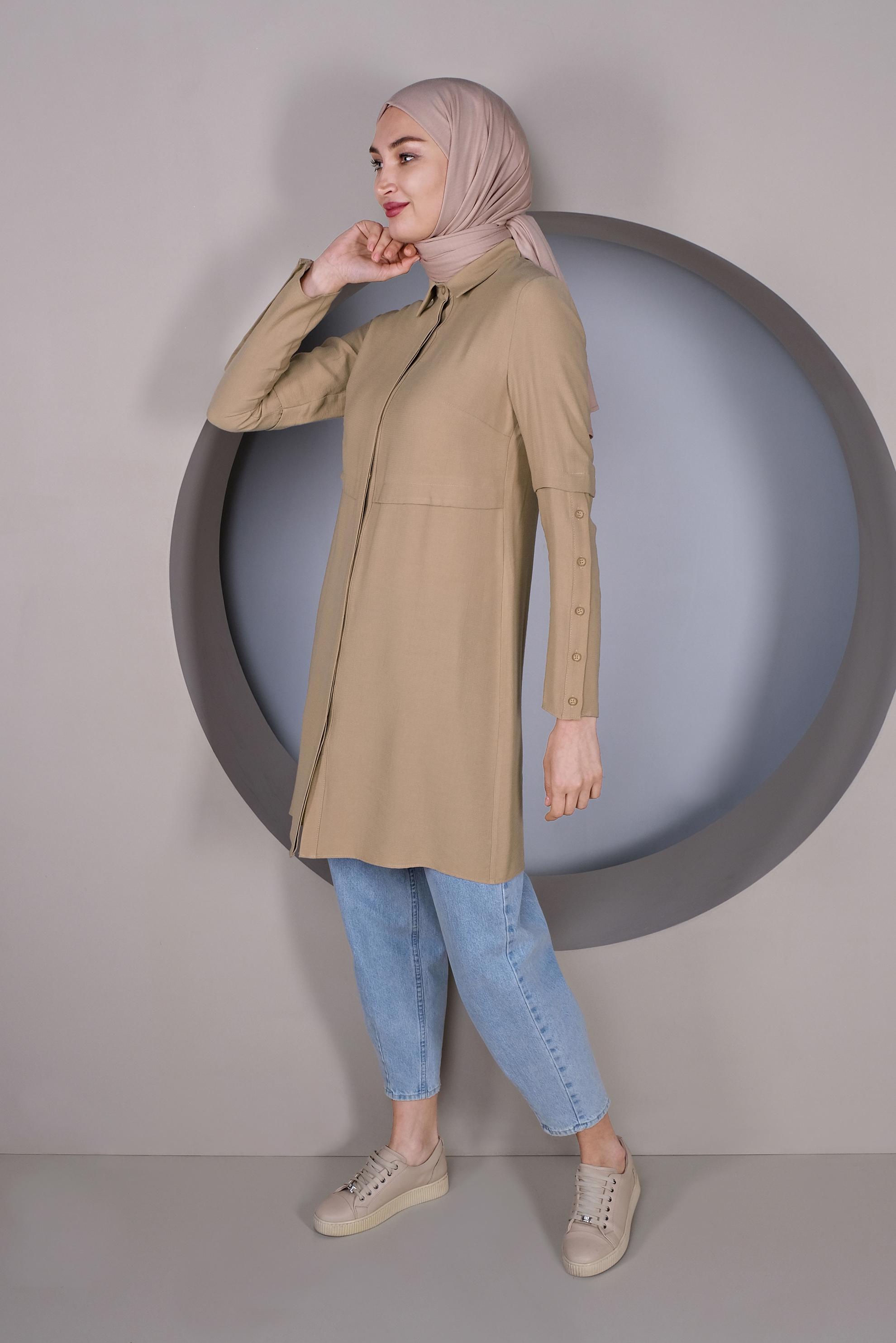 Tesettür giyim KAHVE KOLLARI DÜĞMELİ DETAYLI TUNİK 41389