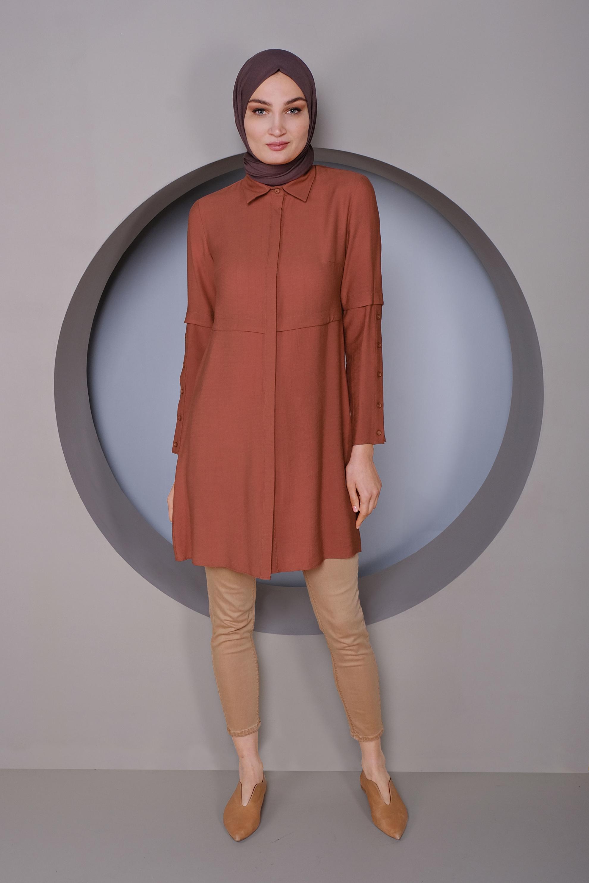 Tesettür giyim TURUNCU KOLLARI DÜĞMELİ DETAYLI TUNİK 41389