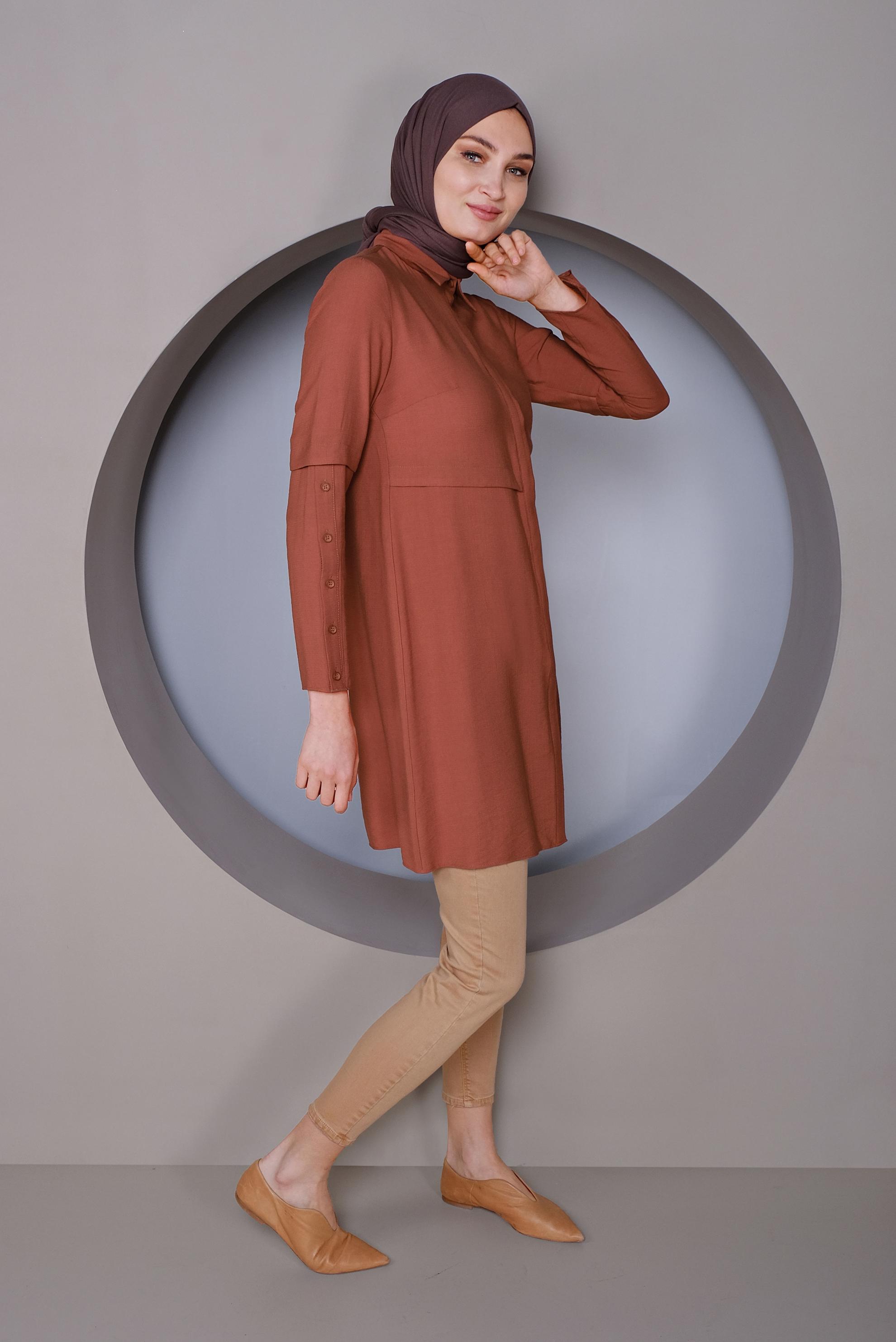 Tesettür giyim TURUNCU KOLLARI DÜĞMELİ DETAYLI TUNİK 41389