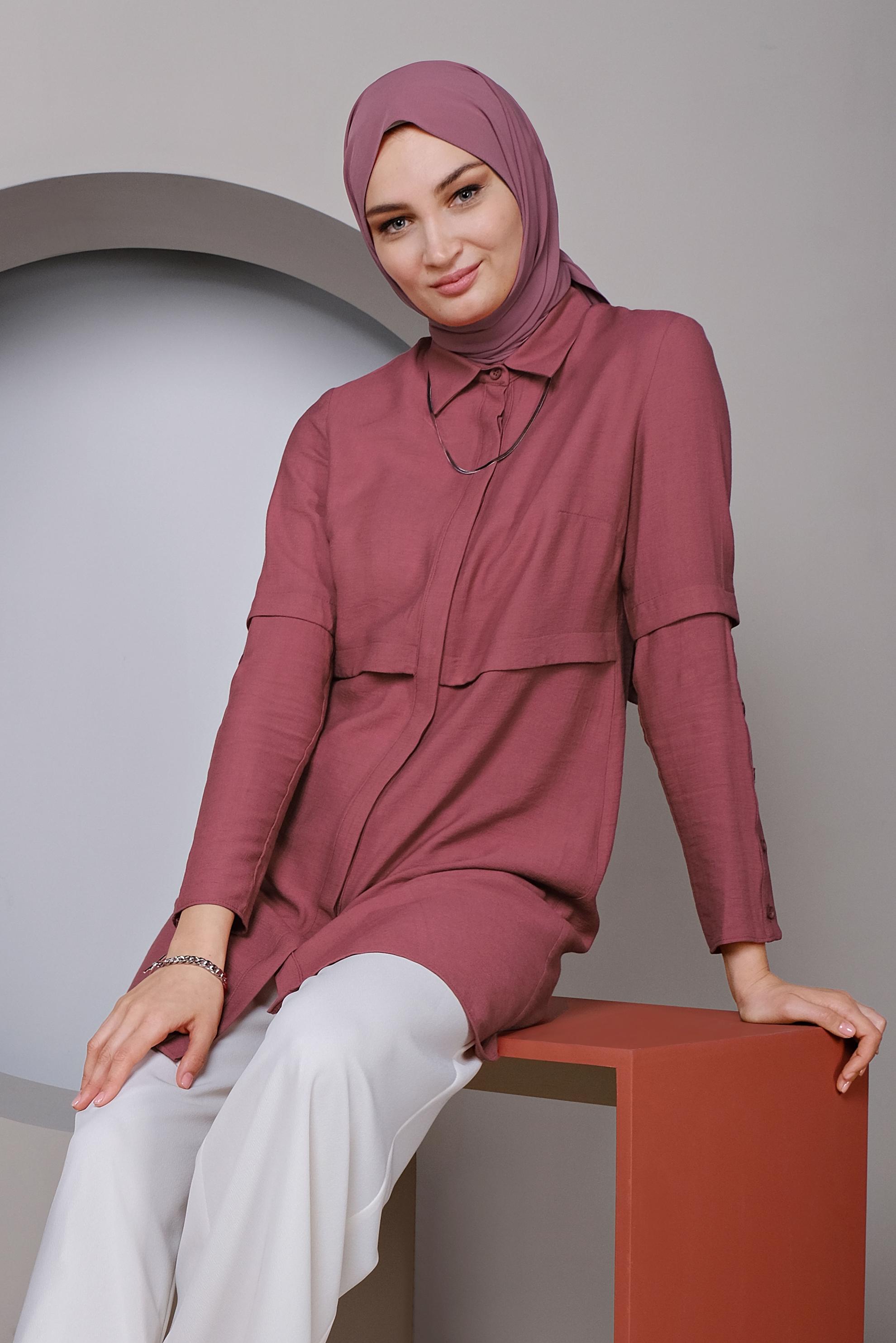 Tesettür giyim BORDO KOLLARI DÜĞMELİ DETAYLI TUNİK 41389