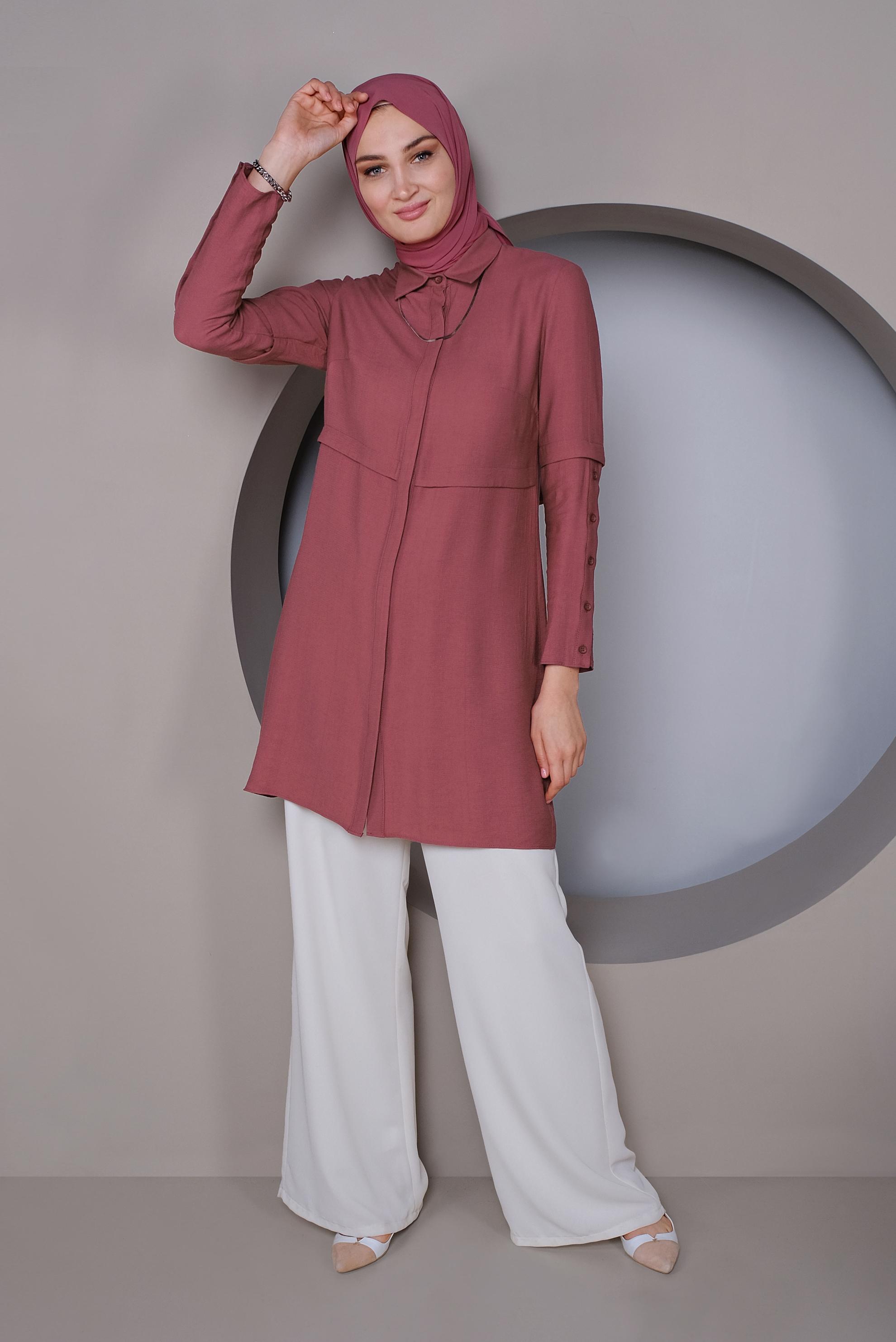 Tesettür giyim BORDO KOLLARI DÜĞMELİ DETAYLI TUNİK 41389