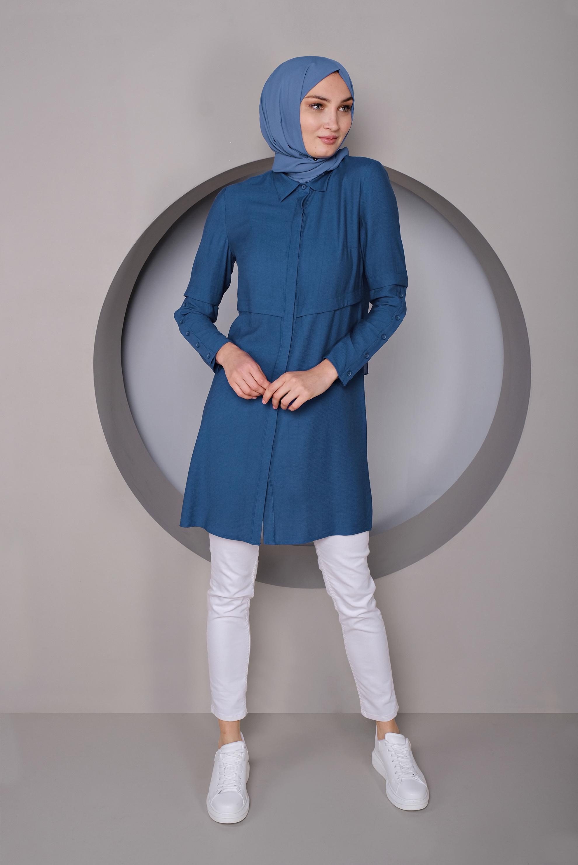 Tesettür giyim LACİVERT KOLLARI DÜĞMELİ DETAYLI TUNİK 41389