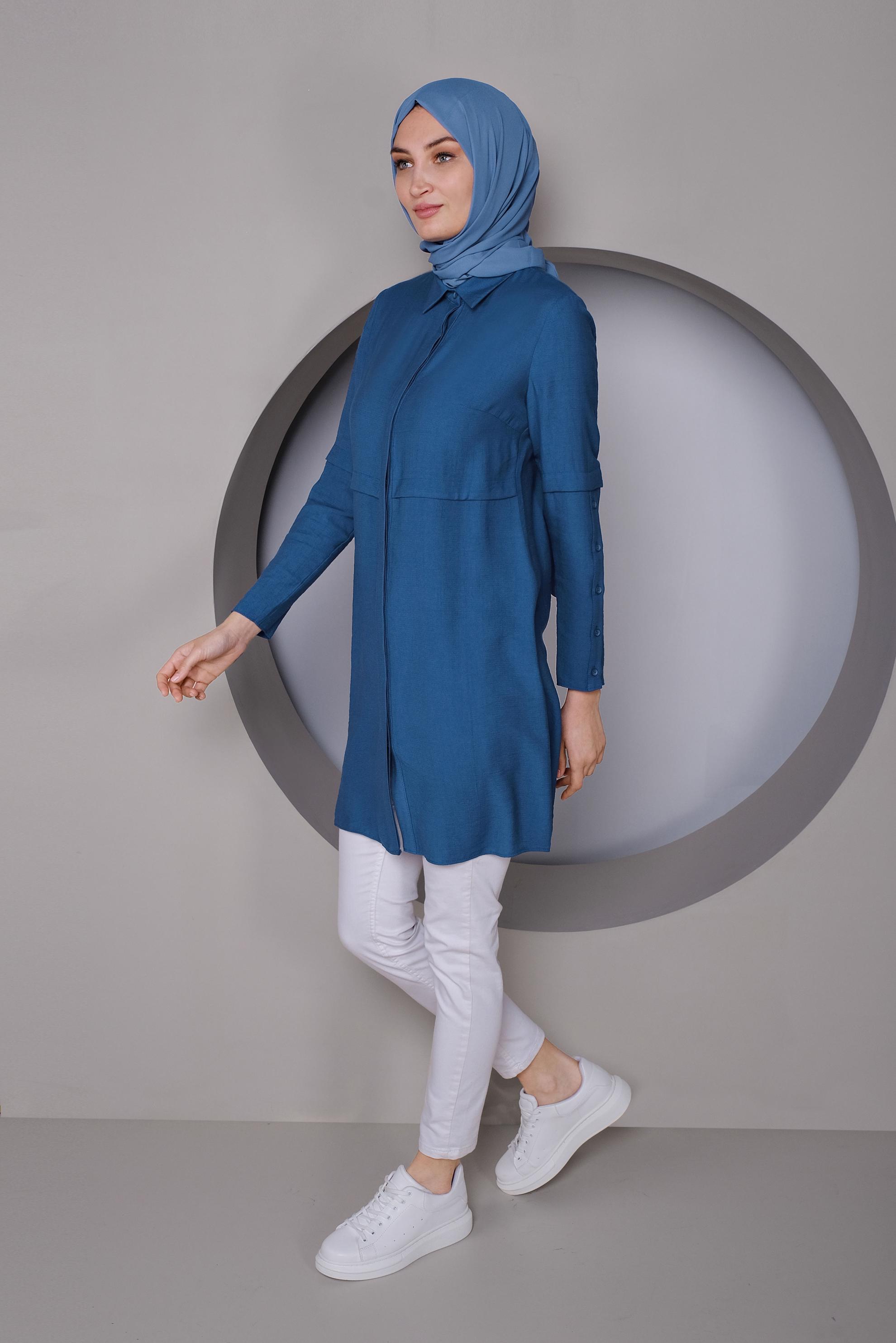 Tesettür giyim LACİVERT KOLLARI DÜĞMELİ DETAYLI TUNİK 41389