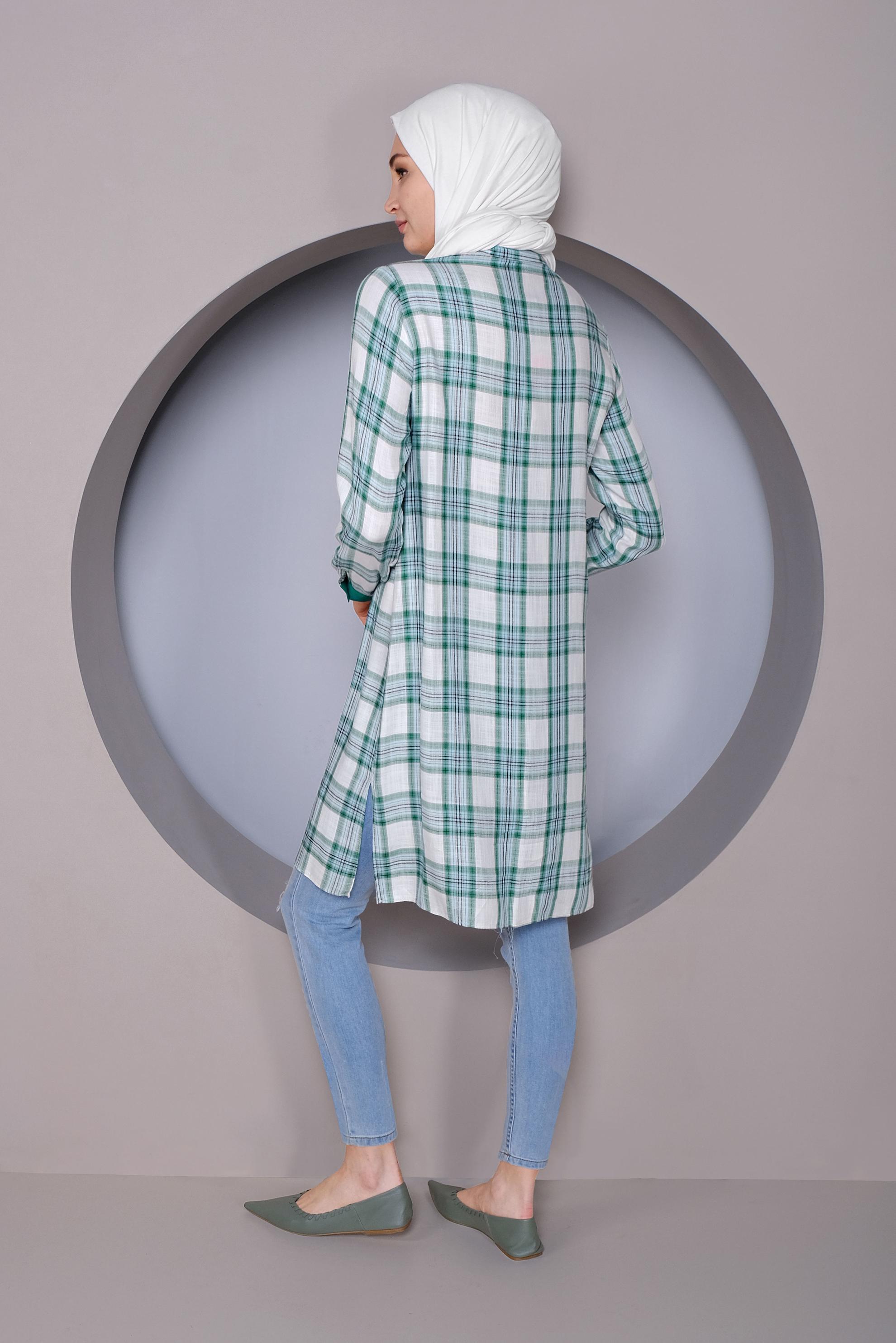 Tesettür giyim MAVİ CEP KISMI NAKIŞ İŞLEMELİ EKOSE TUNİK 41390