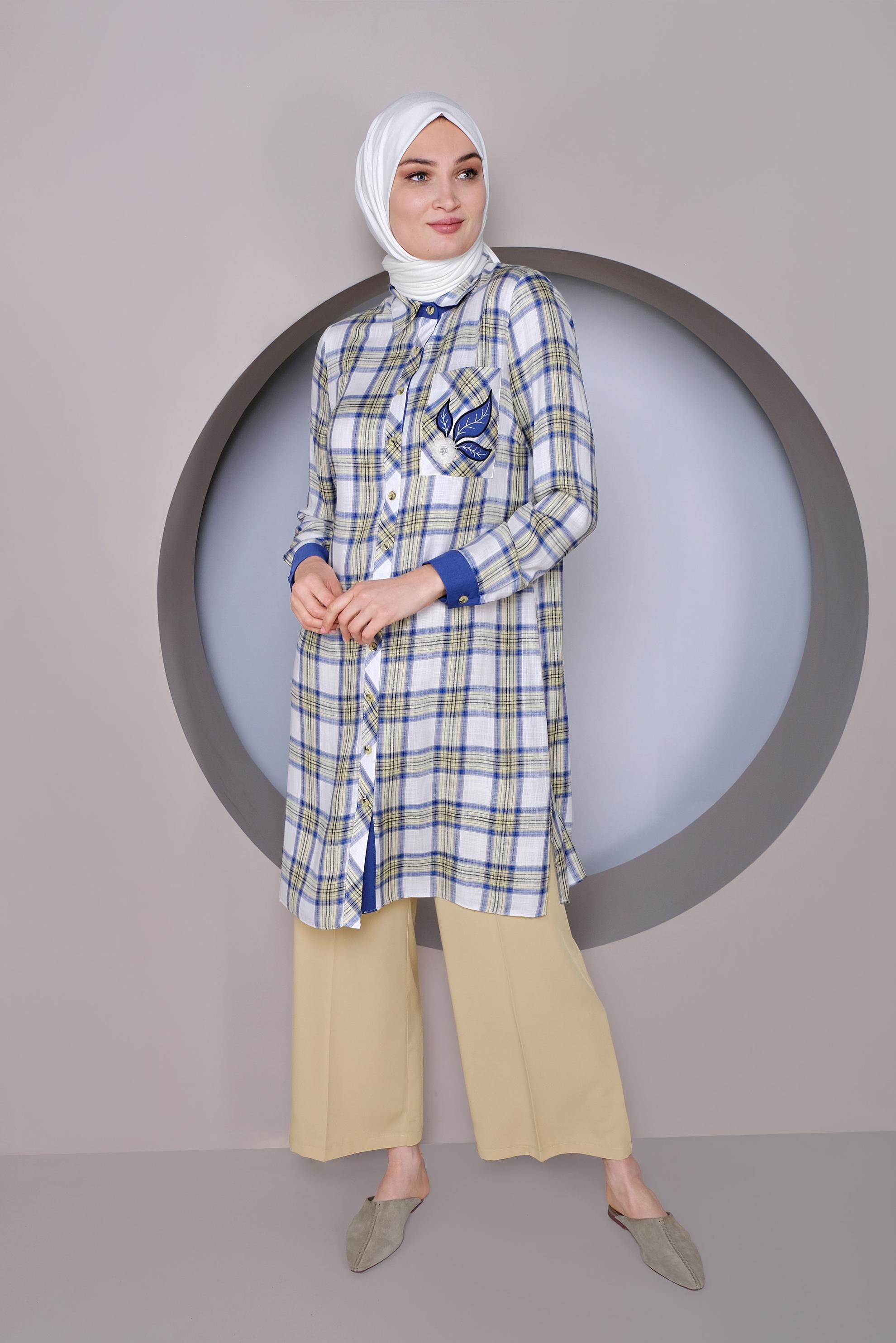 Tesettür giyim SARI CEP KISMI NAKIŞ İŞLEMELİ EKOSE TUNİK 41390