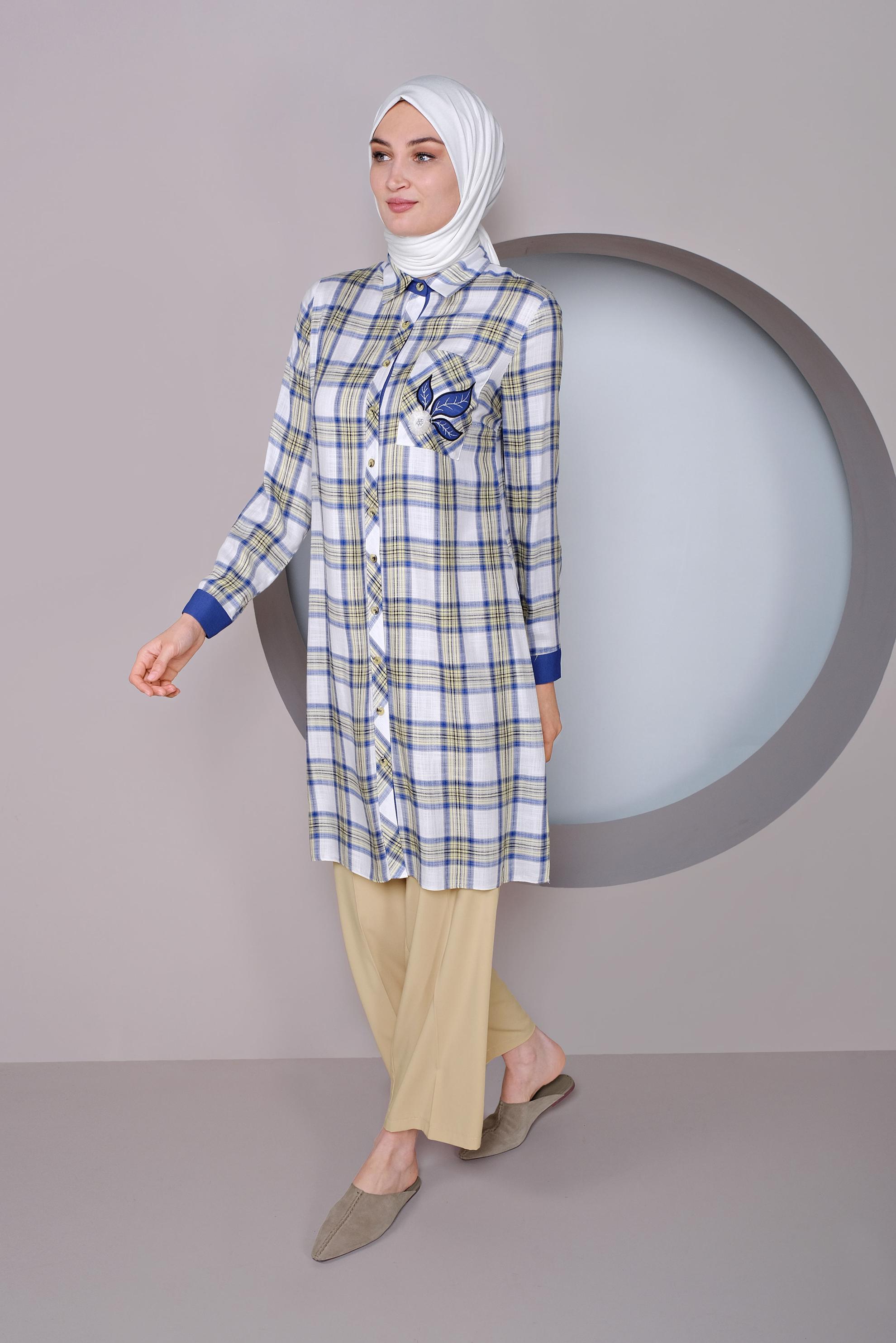 Tesettür giyim SARI CEP KISMI NAKIŞ İŞLEMELİ EKOSE TUNİK 41390