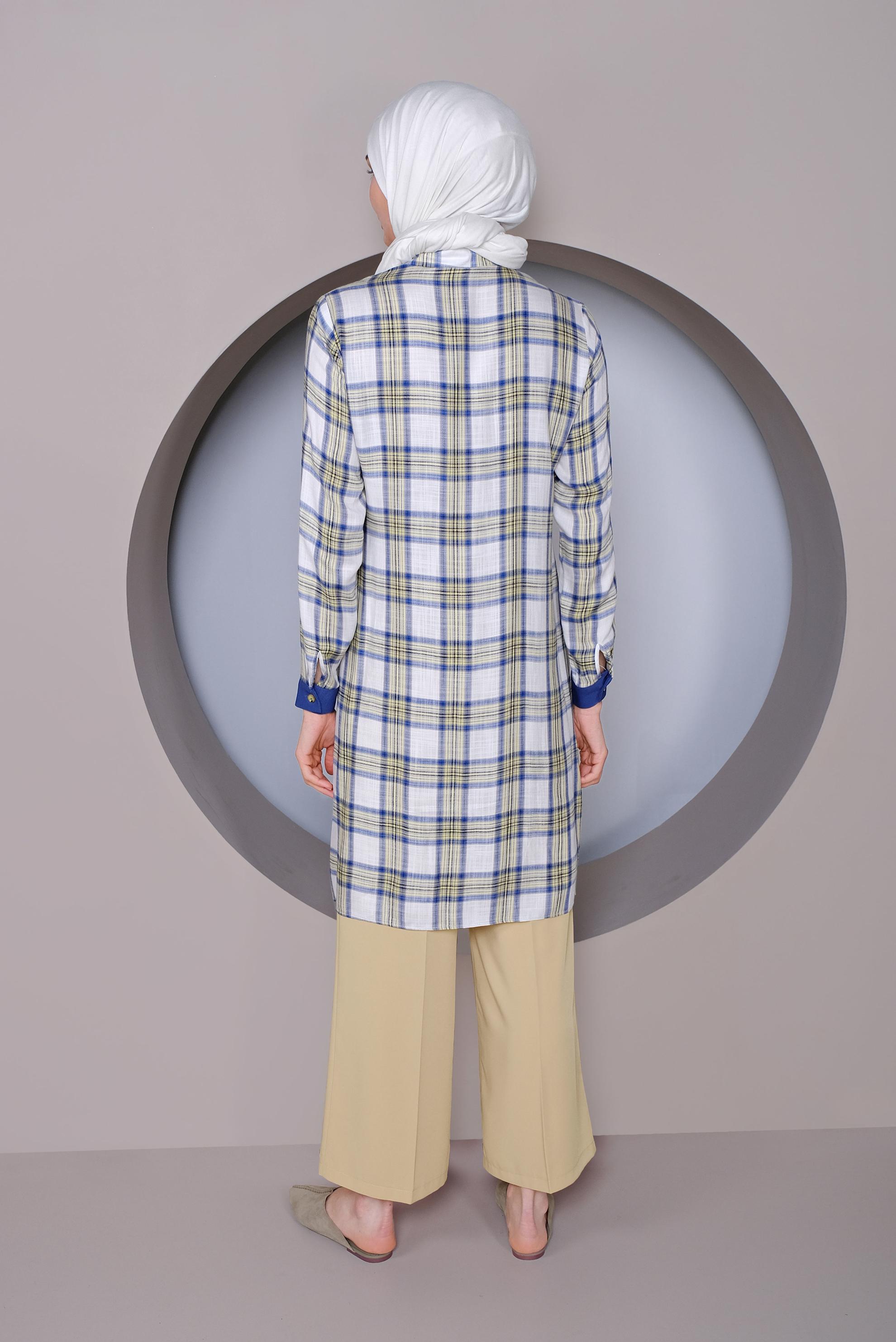 Tesettür giyim SARI CEP KISMI NAKIŞ İŞLEMELİ EKOSE TUNİK 41390