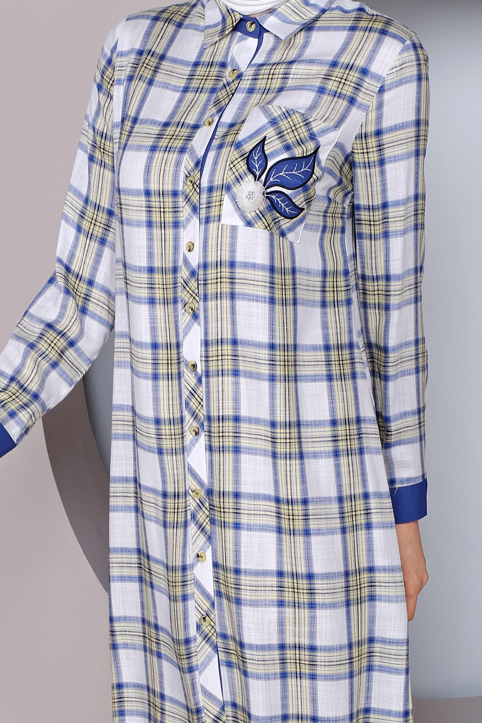 Tesettür giyim SARI CEP KISMI NAKIŞ İŞLEMELİ EKOSE TUNİK 41390