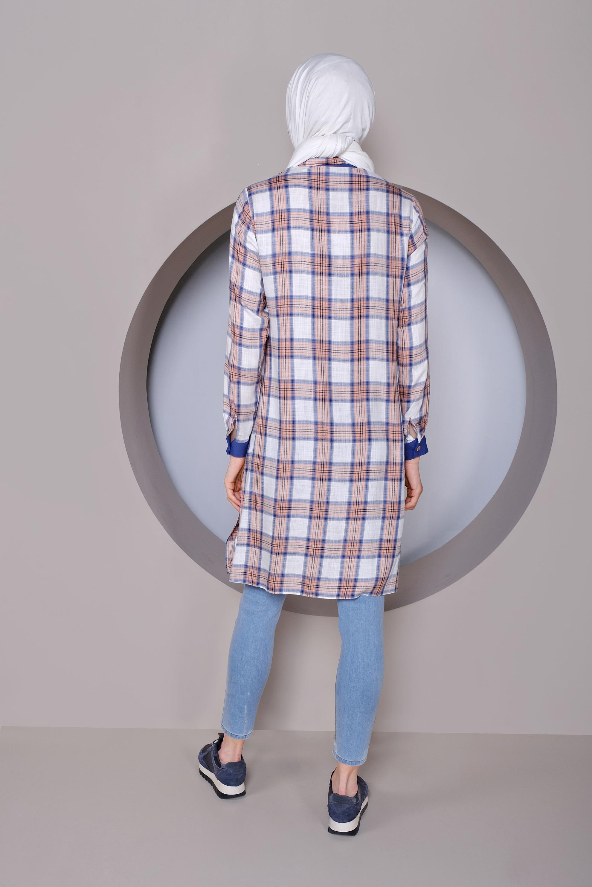 Tesettür giyim MERCAN CEP KISMI NAKIŞ İŞLEMELİ EKOSE TUNİK 41390