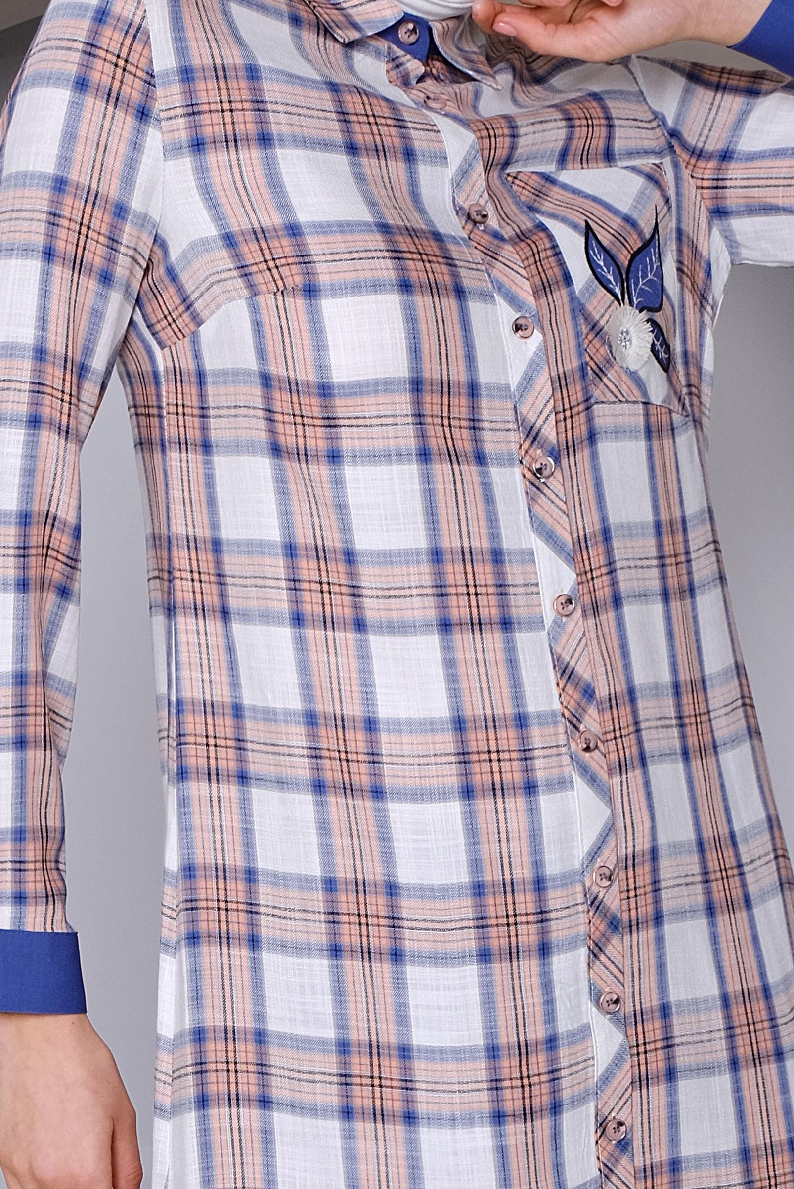 Tesettür giyim MERCAN CEP KISMI NAKIŞ İŞLEMELİ EKOSE TUNİK 41390