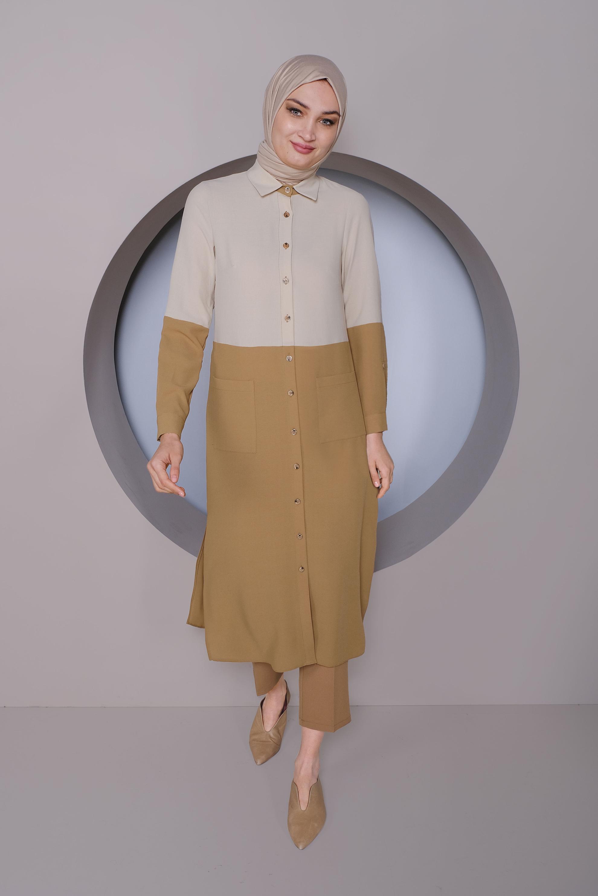 Tesettür giyim SARI BOYDAN DÜĞMELİ 2 RENKLİ TUNİK 41391