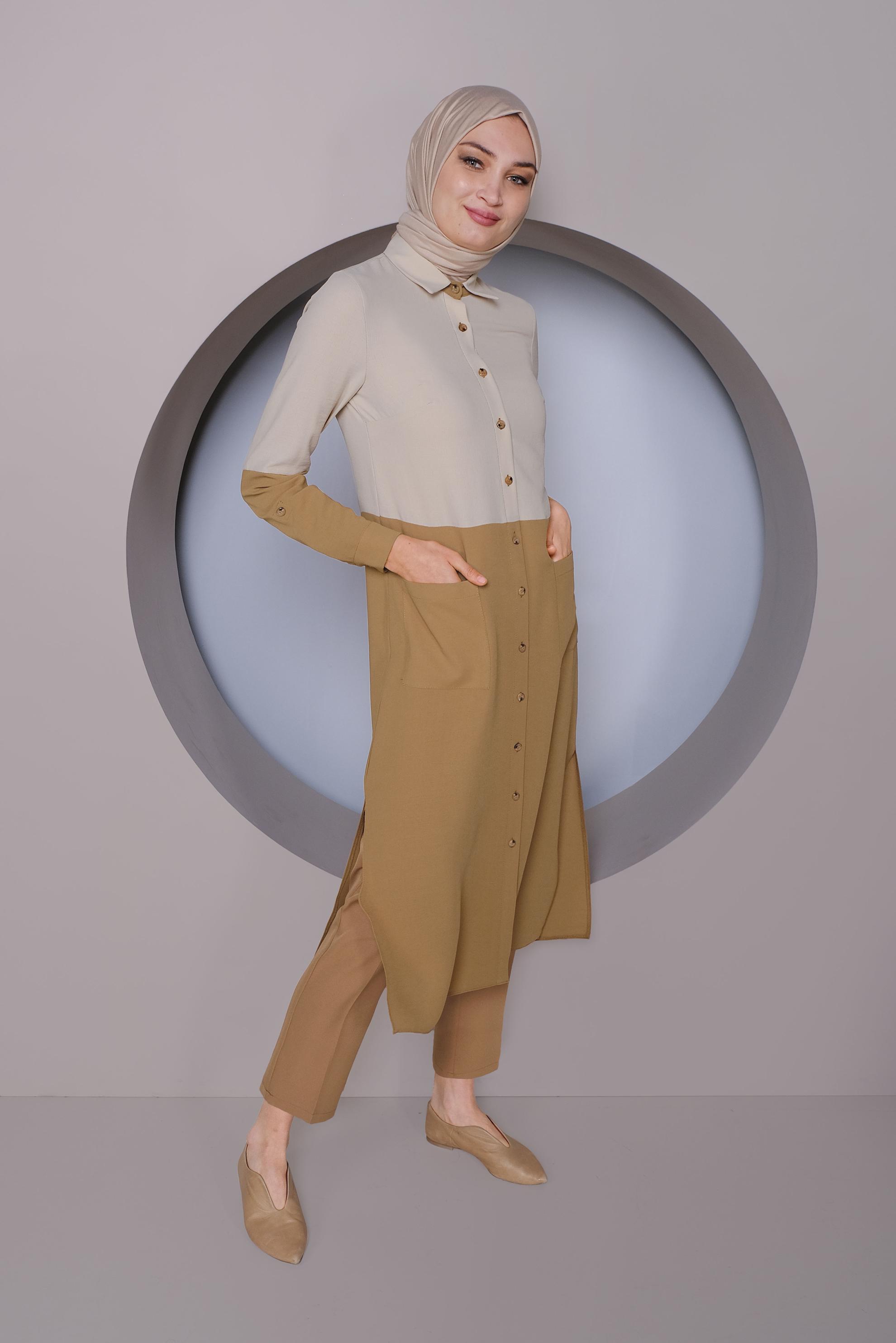 Tesettür giyim SARI BOYDAN DÜĞMELİ 2 RENKLİ TUNİK 41391