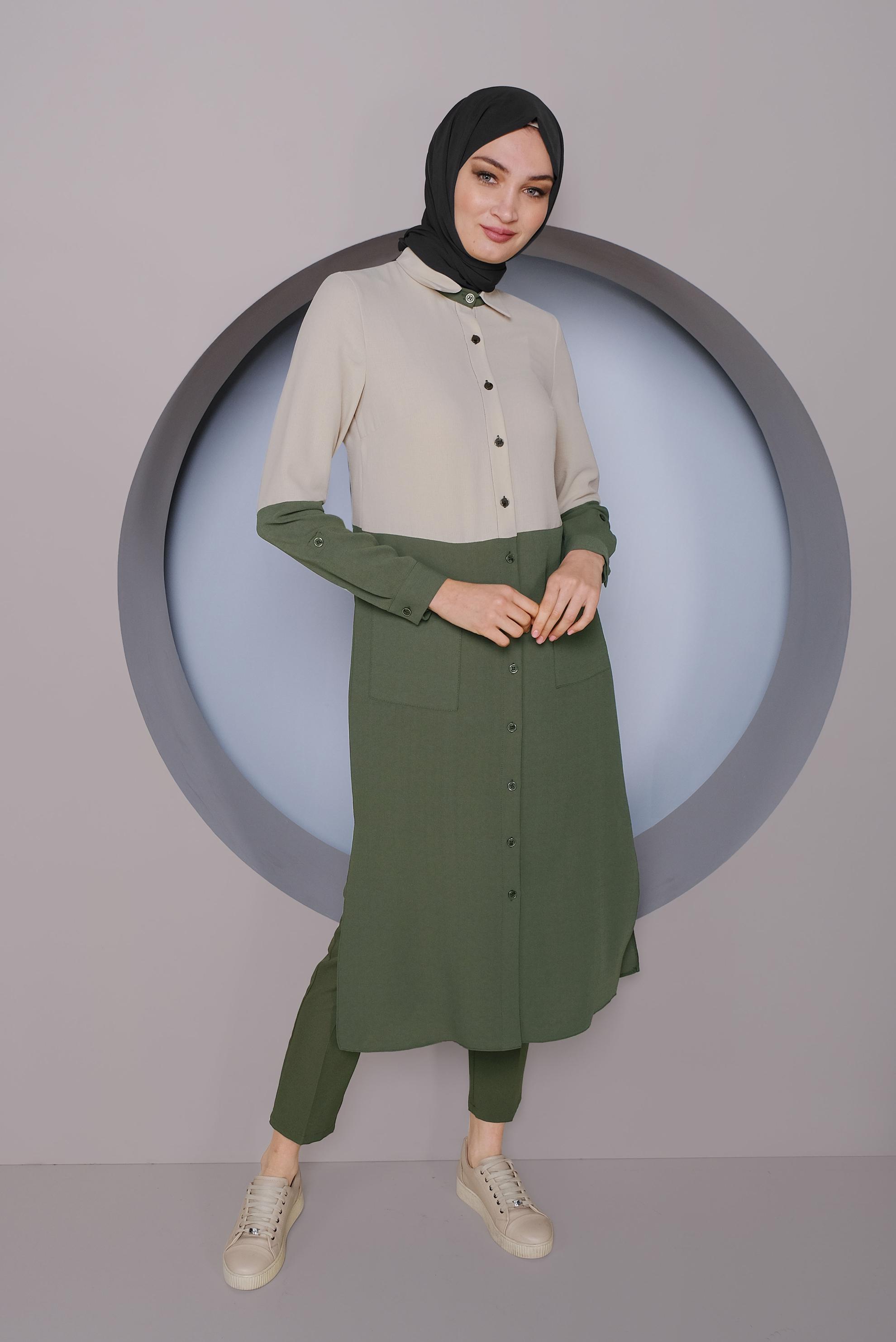 Tesettür giyim HAKİ BOYDAN DÜĞMELİ 2 RENKLİ TUNİK 41391