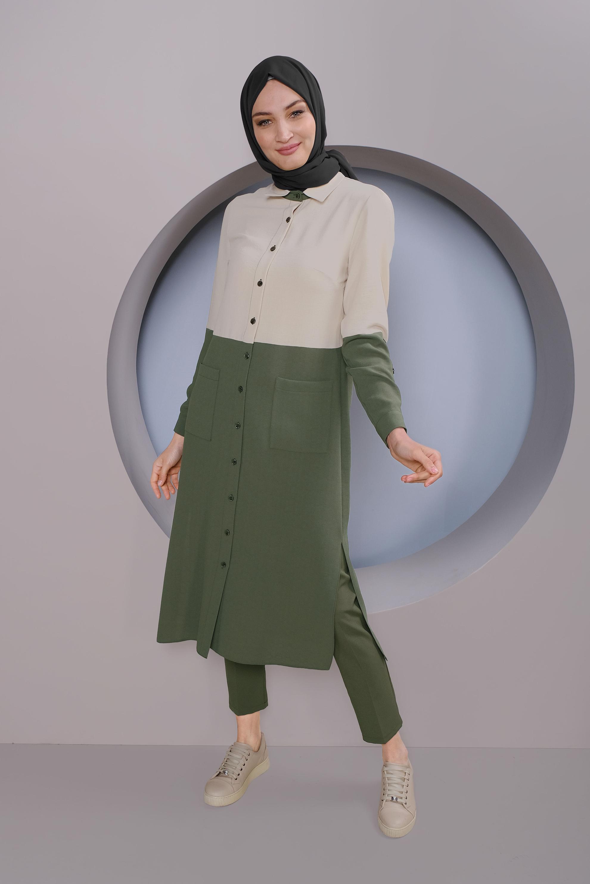 Tesettür giyim HAKİ BOYDAN DÜĞMELİ 2 RENKLİ TUNİK 41391