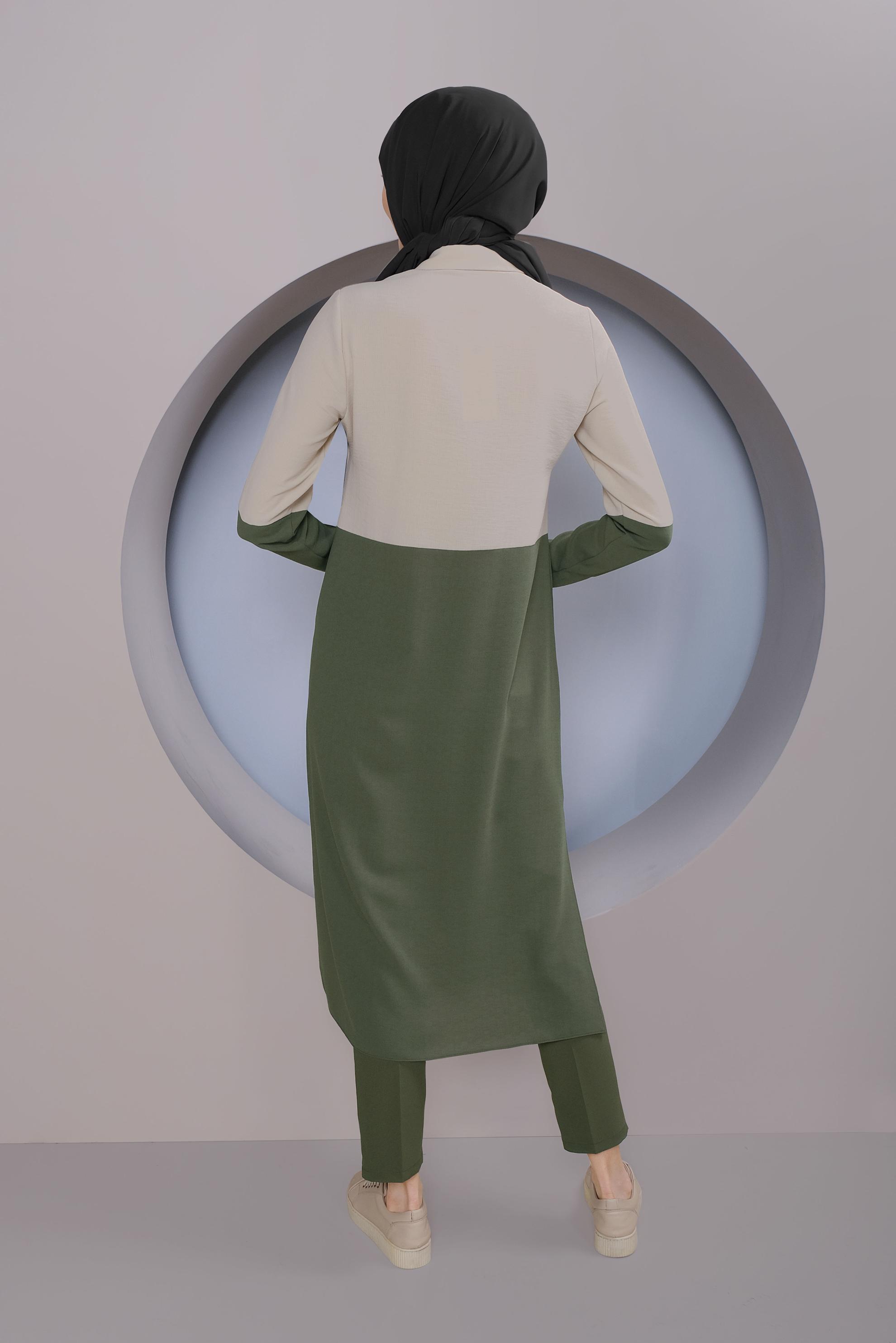 Tesettür giyim HAKİ BOYDAN DÜĞMELİ 2 RENKLİ TUNİK 41391