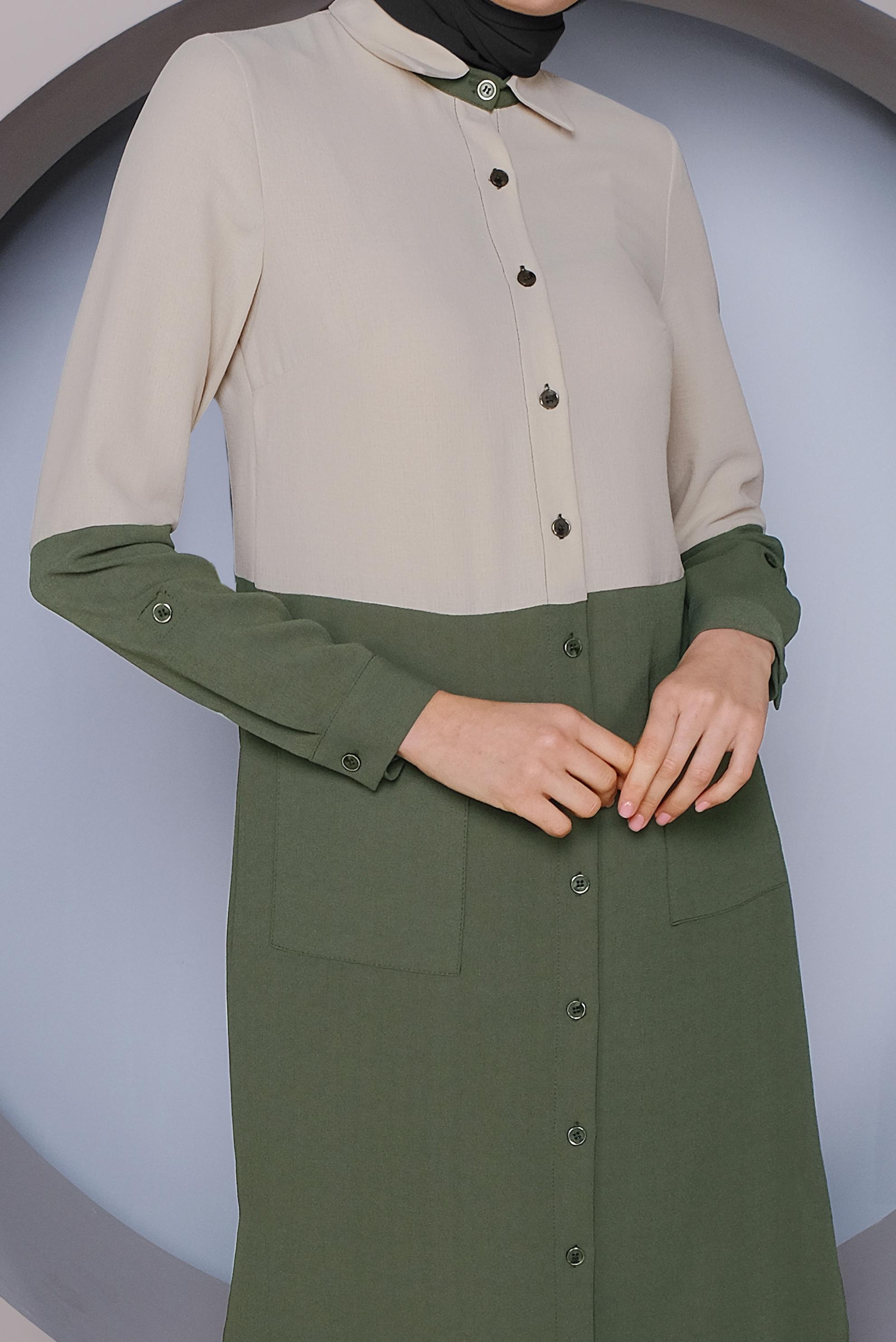 Tesettür giyim HAKİ BOYDAN DÜĞMELİ 2 RENKLİ TUNİK 41391