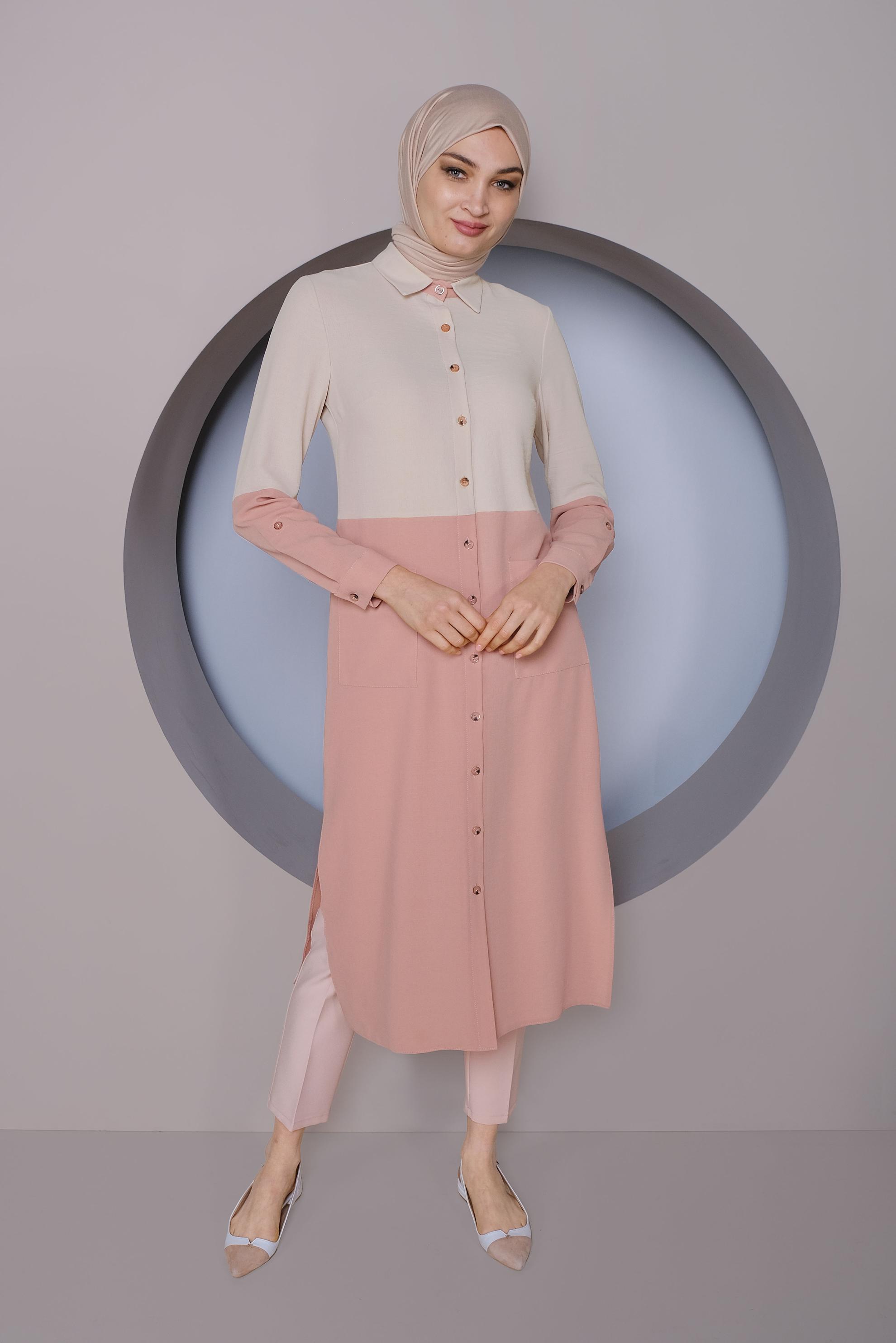 Tesettür giyim PUDRA BOYDAN DÜĞMELİ 2 RENKLİ TUNİK 41391