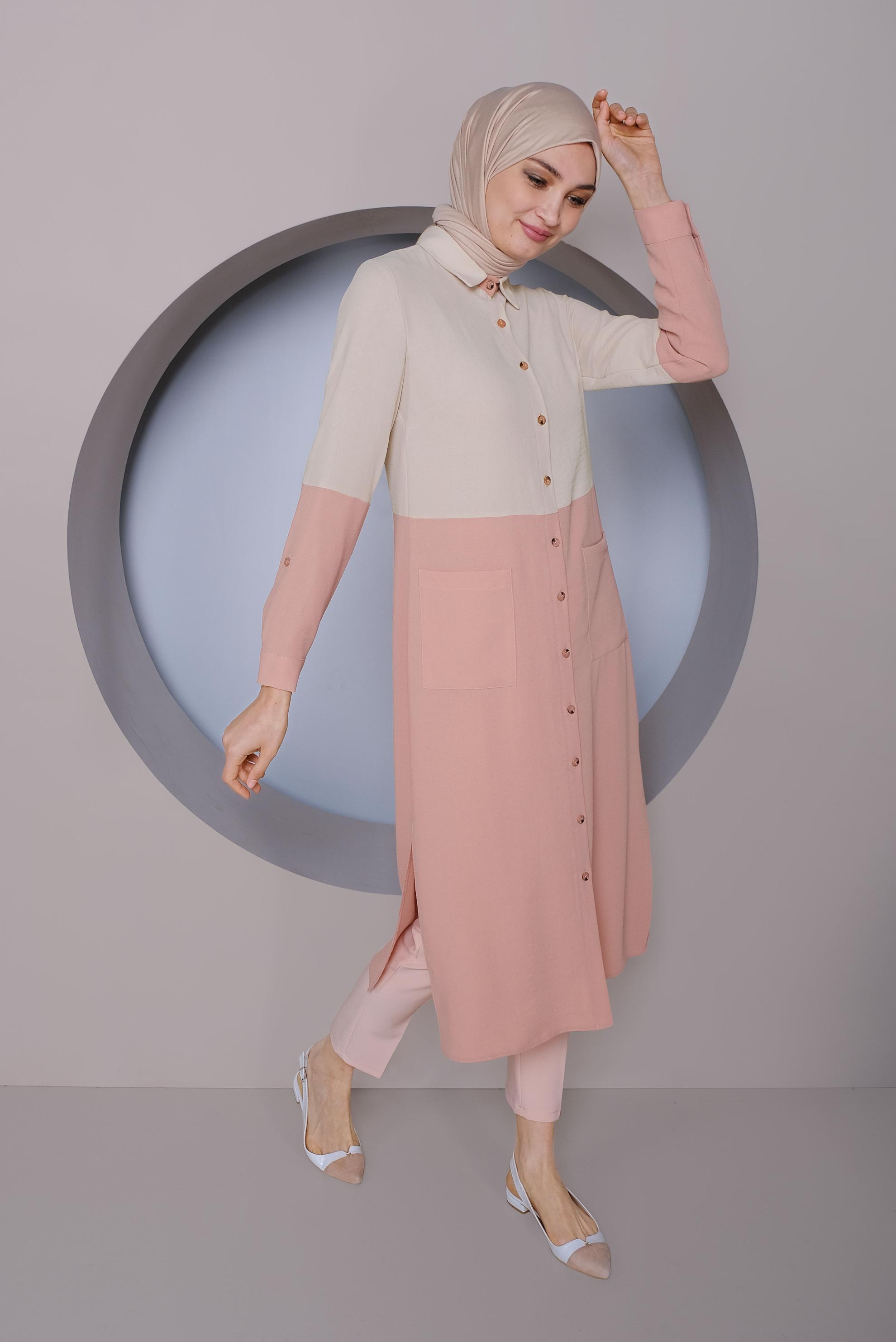 Tesettür giyim PUDRA BOYDAN DÜĞMELİ 2 RENKLİ TUNİK 41391