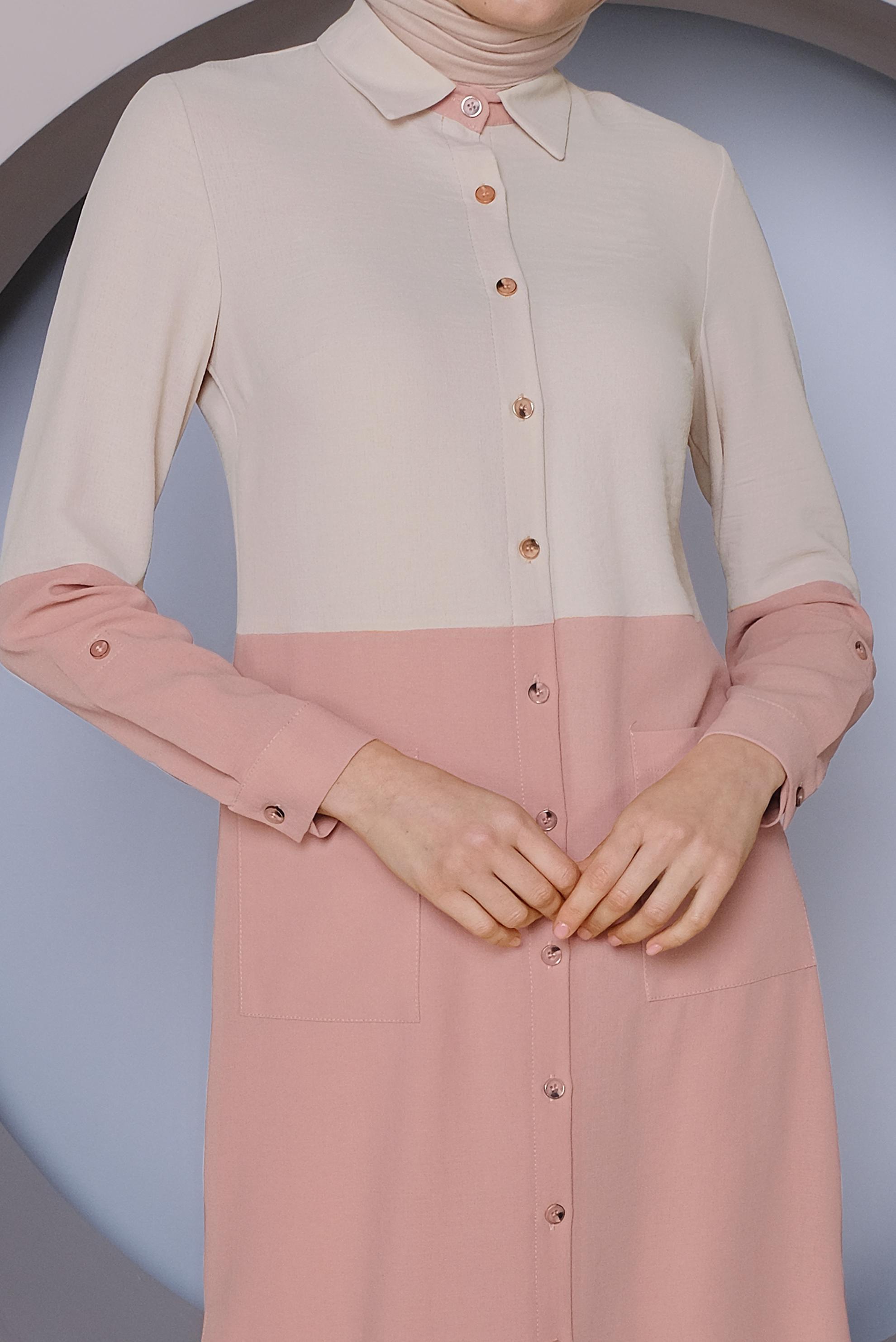 Tesettür giyim PUDRA BOYDAN DÜĞMELİ 2 RENKLİ TUNİK 41391