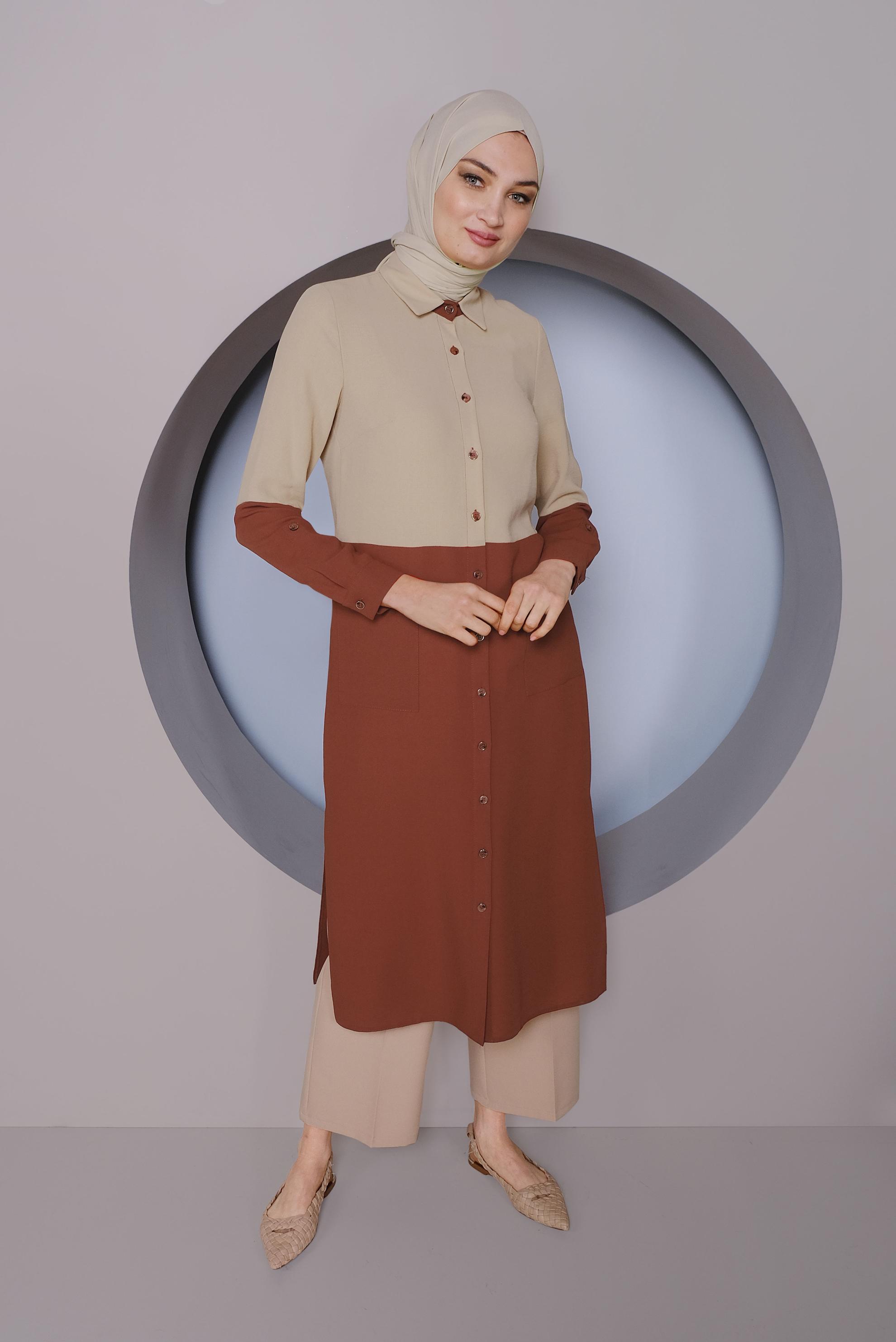 Tesettür giyim BORDO BOYDAN DÜĞMELİ 2 RENKLİ TUNİK 41391