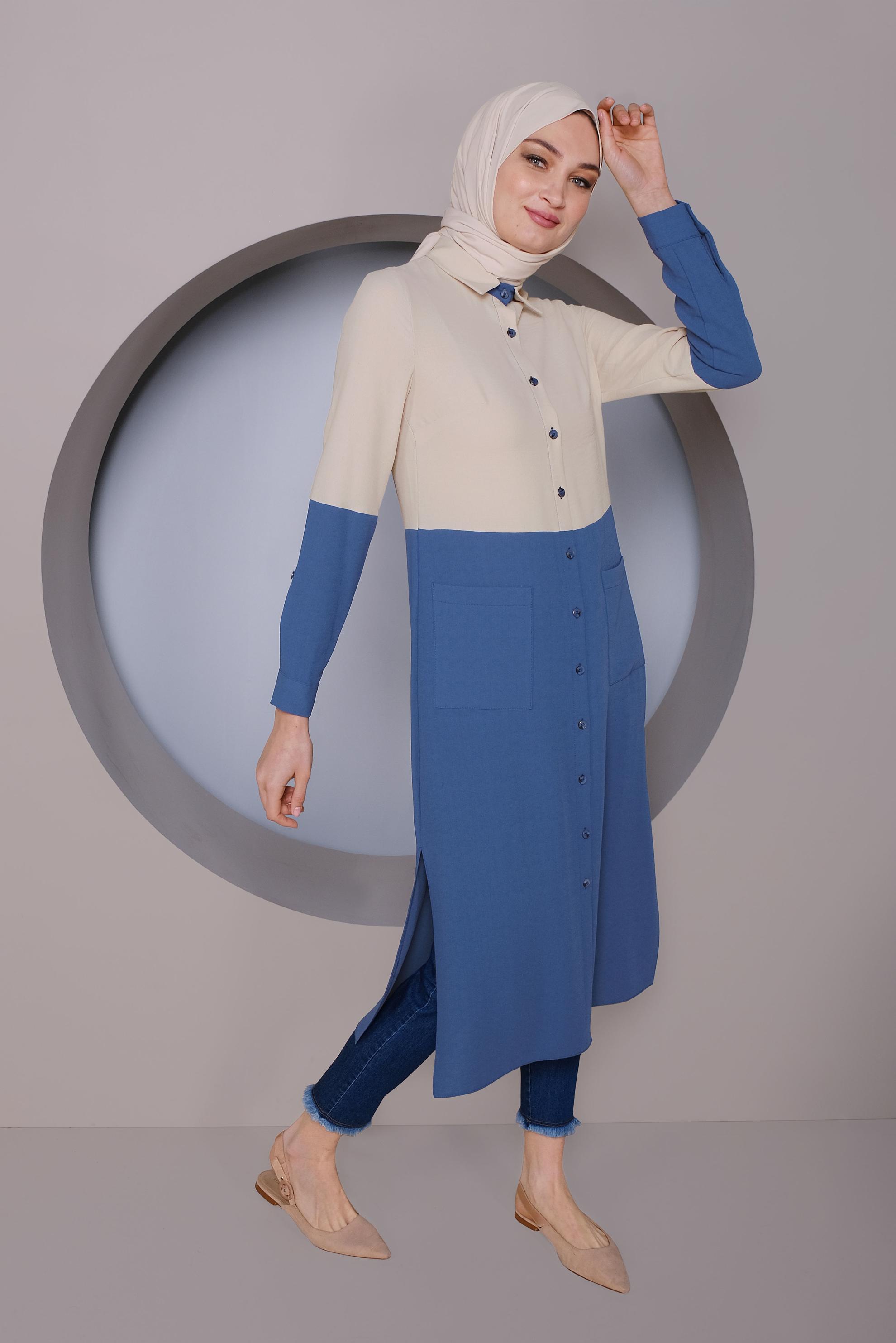 Tesettür giyim LACİVERT BOYDAN DÜĞMELİ 2 RENKLİ TUNİK 41391