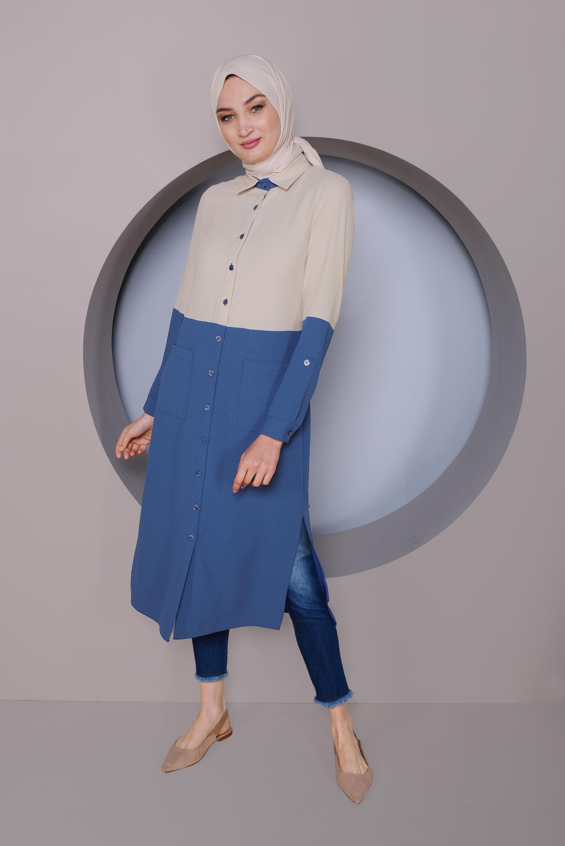 Tesettür giyim LACİVERT BOYDAN DÜĞMELİ 2 RENKLİ TUNİK 41391