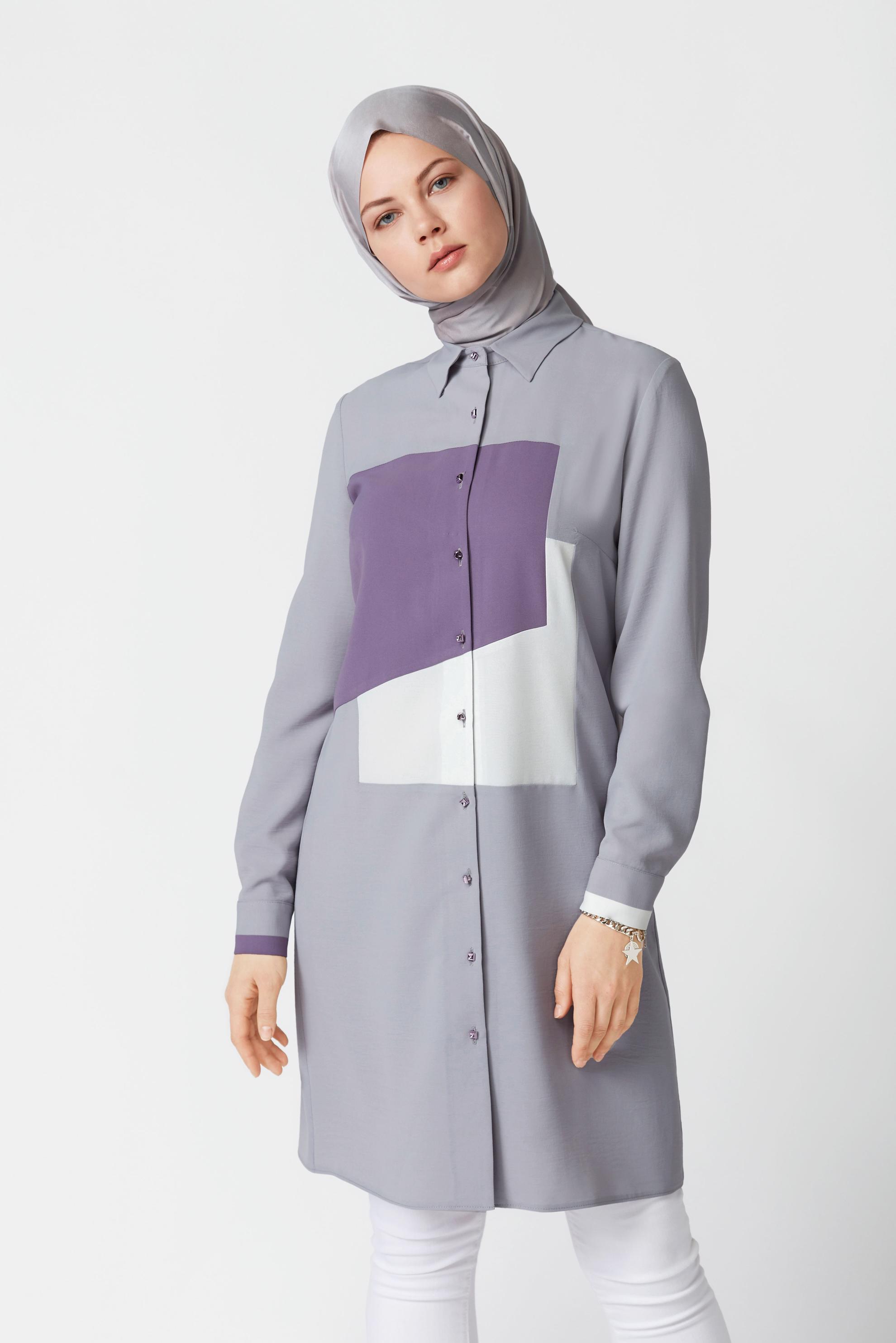 Tesettür giyim GRİ ÜÇ RENK KOMBİNLİ TUNİK  41397 