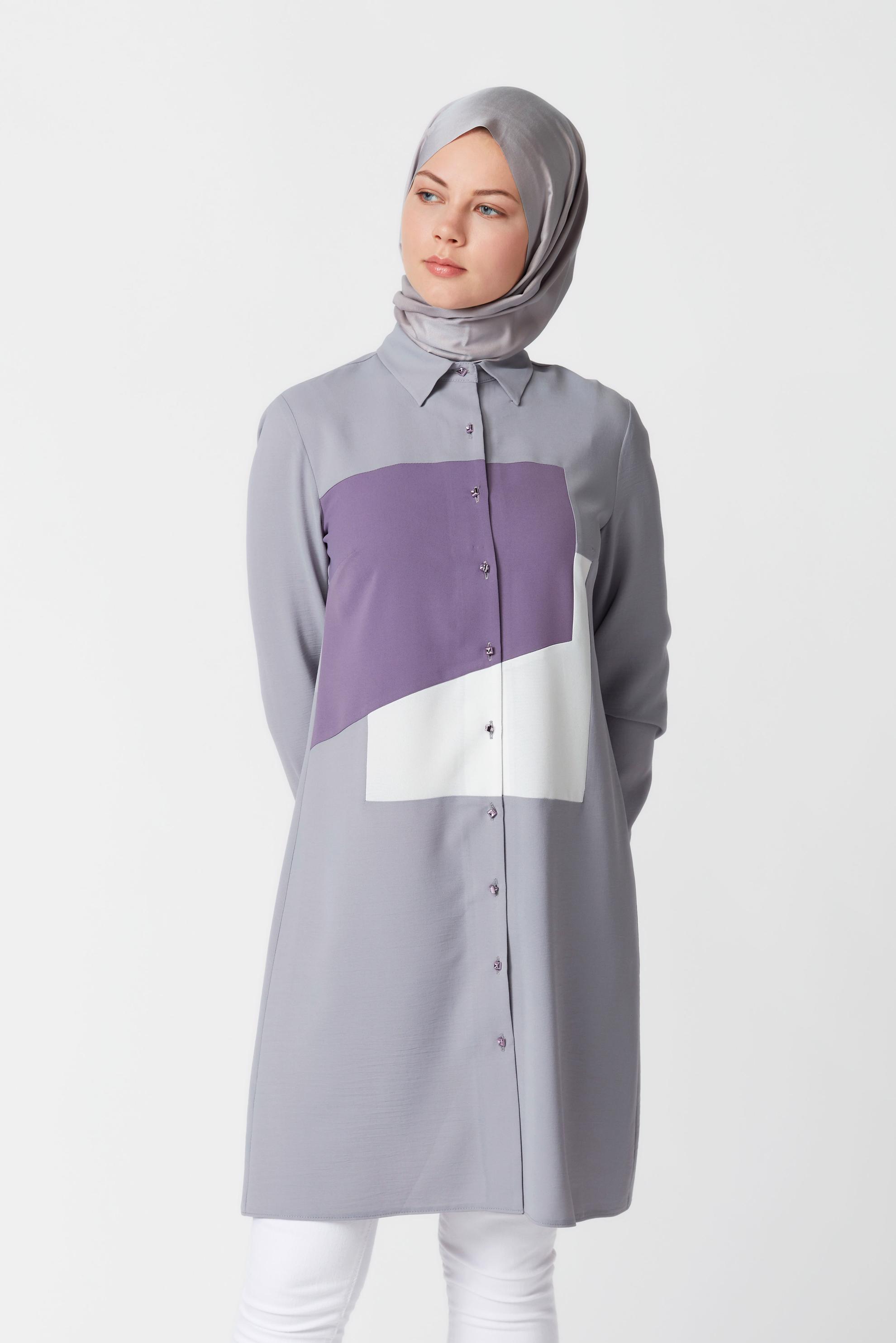 Tesettür giyim GRİ ÜÇ RENK KOMBİNLİ TUNİK  41397 